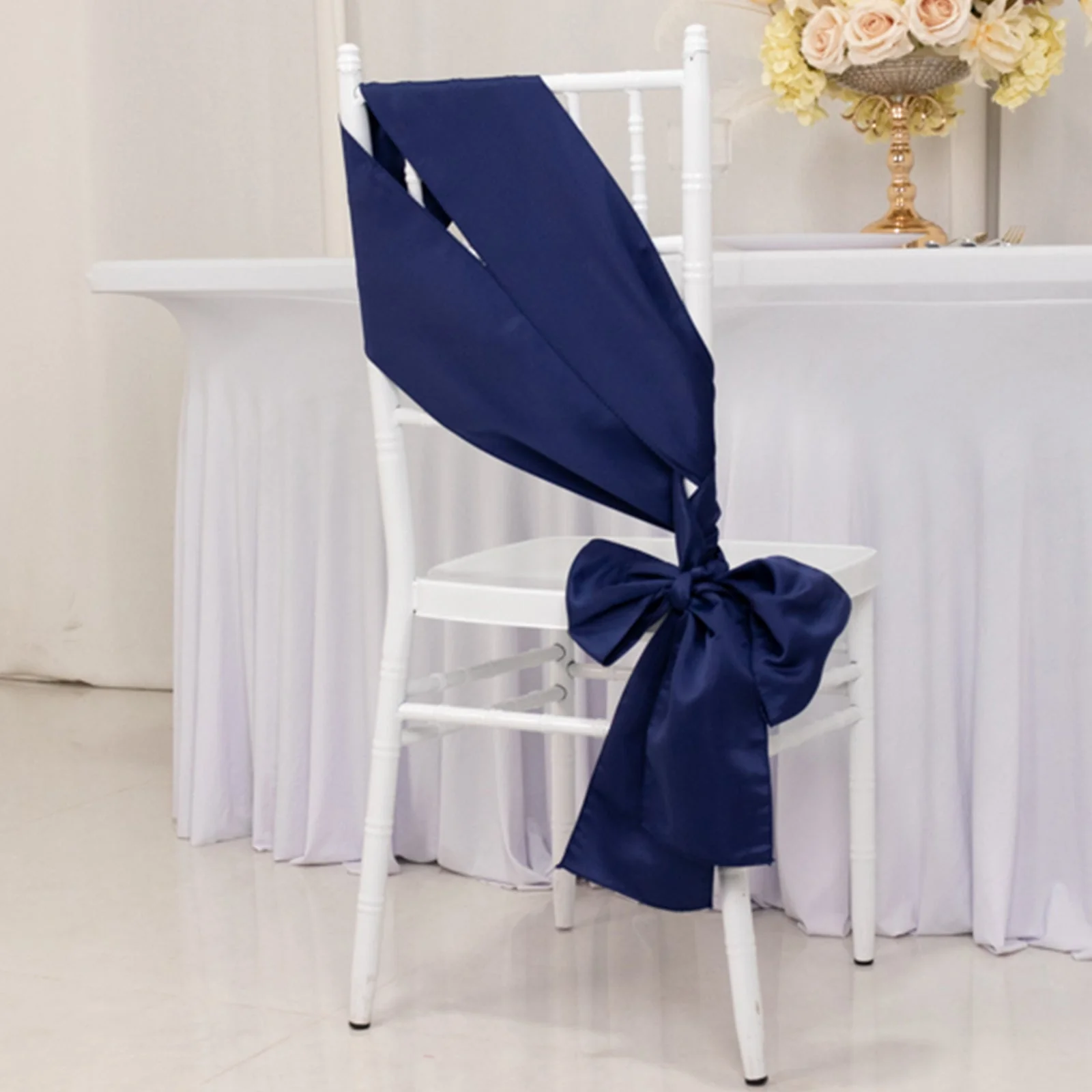 5 Pack Lamour Satin Chair Sashes 6"x106" Navy Blue - Reusable Decorative Bows - Image 4