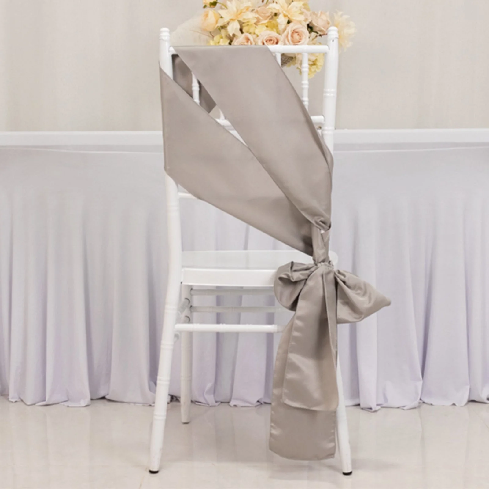 5 Pack Lamour Satin Chair Sashes 6"x106" Silver - Reusable Decorative Bows