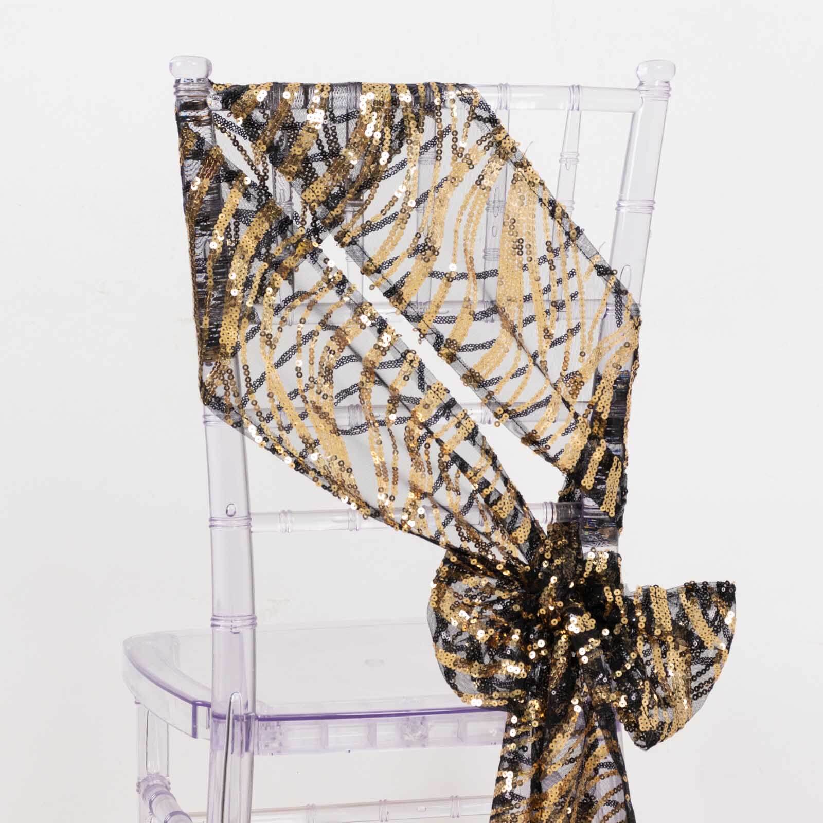 5 Pack Mesh Chair Sashes Black/Gold Wave 6"x88" with Embroidered Sequins - Refined Decorative Design for Events - Image 3