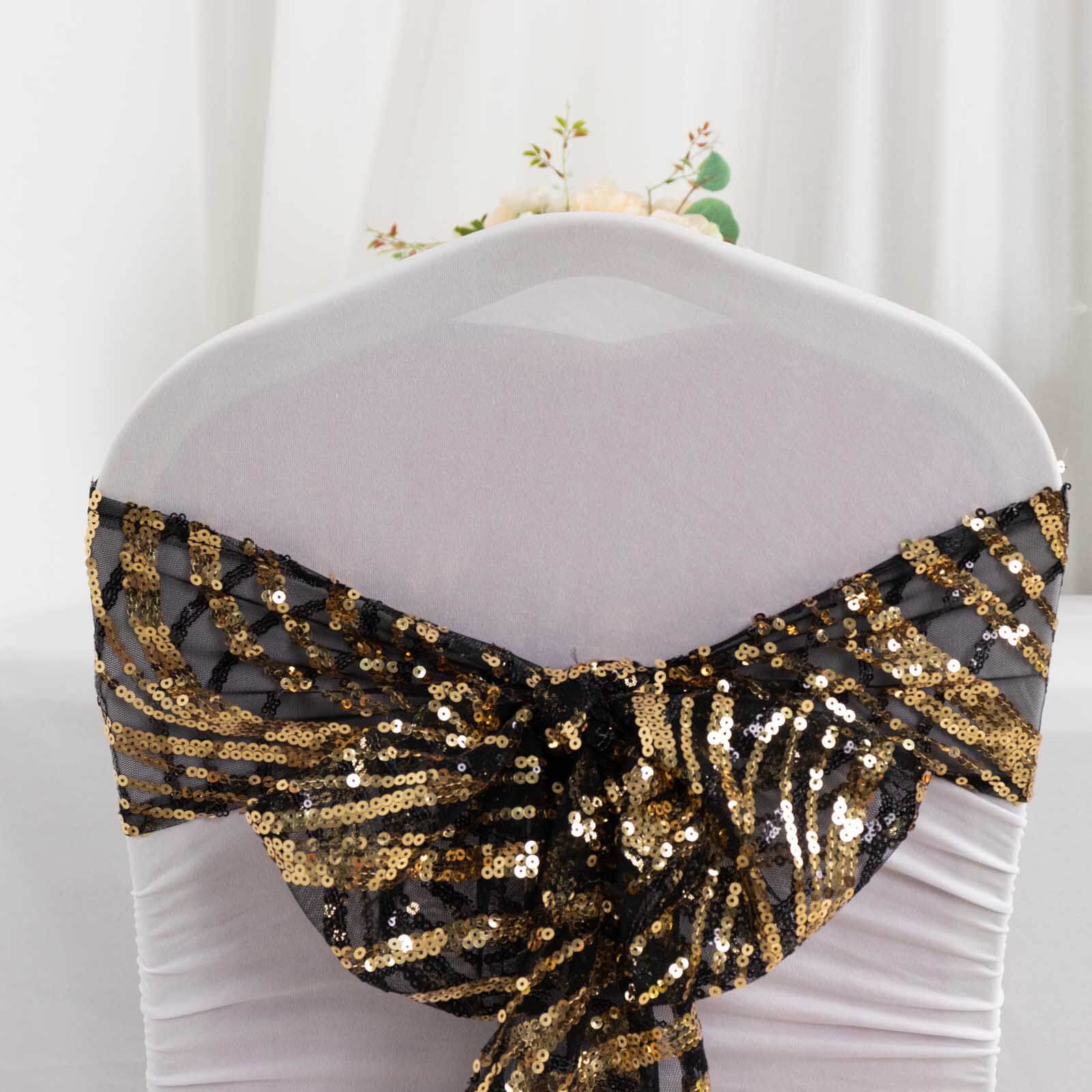 5 Pack Mesh Chair Sashes Black/Gold Wave 6"x88" with Embroidered Sequins - Refined Decorative Design for Events - Image 9