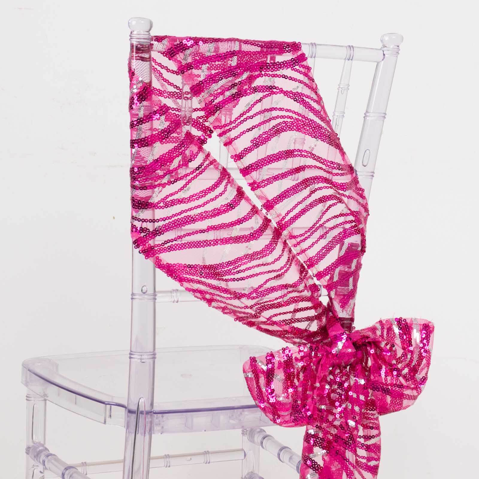 5 Pack Mesh Chair Sashes Fuchsia/Silver Wave 6"x88" with Embroidered Sequins - Refined Decorative Design - Image 2