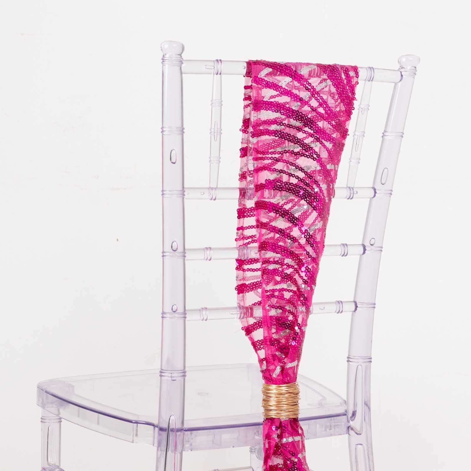 5 Pack Mesh Chair Sashes Fuchsia/Silver Wave 6"x88" with Embroidered Sequins - Refined Decorative Design - Image 3