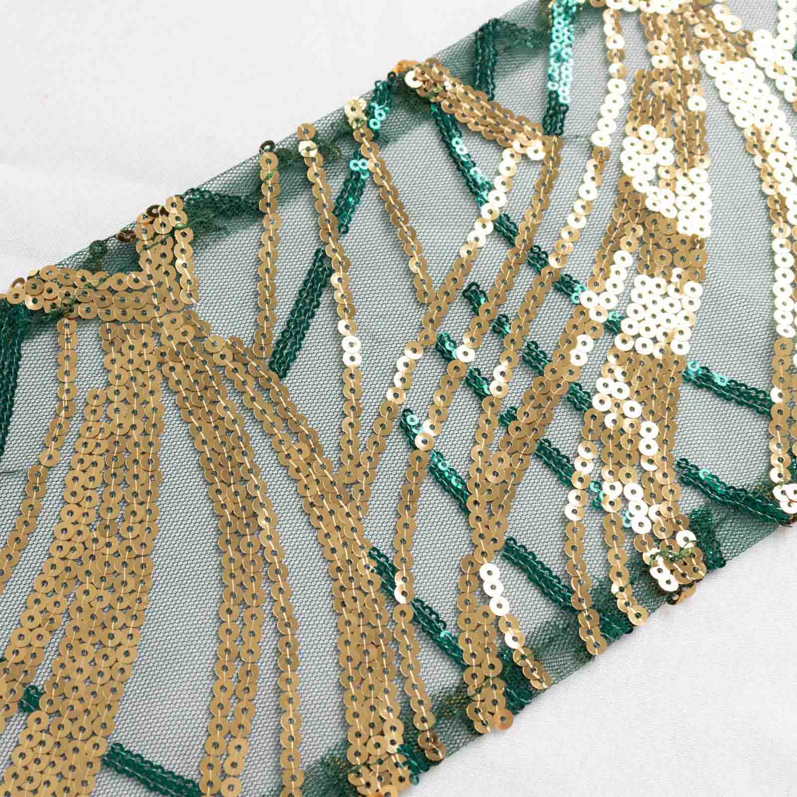5 Pack Mesh Chair Sashes Hunter Emerald Green/Gold Wave 6"x88" with Embroidered Sequins - Refined Decorative Design - Image 6