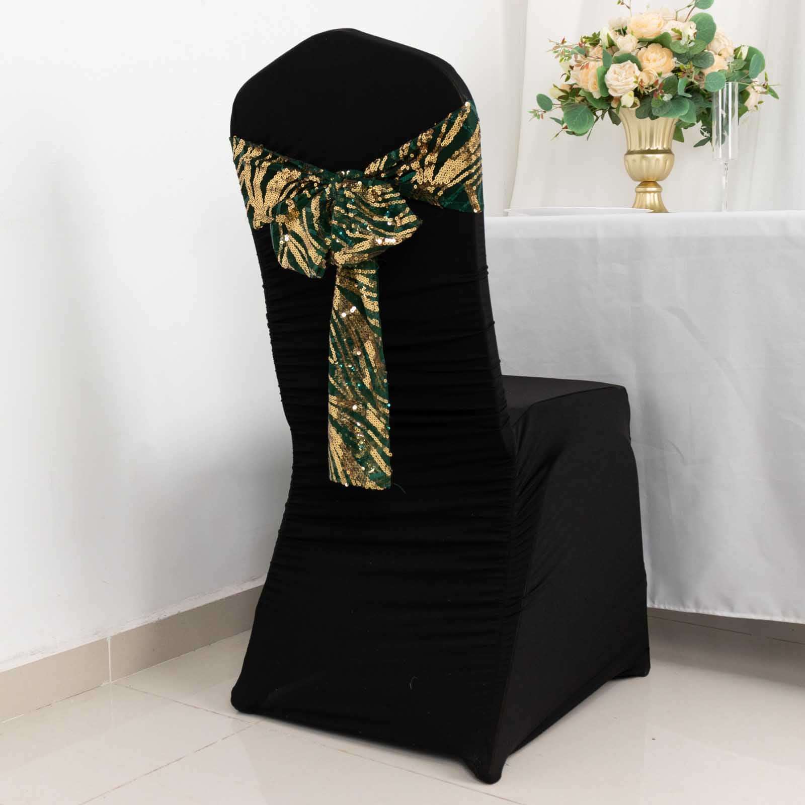 5 Pack Mesh Chair Sashes Hunter Emerald Green/Gold Wave 6"x88" with Embroidered Sequins - Refined Decorative Design - Image 8