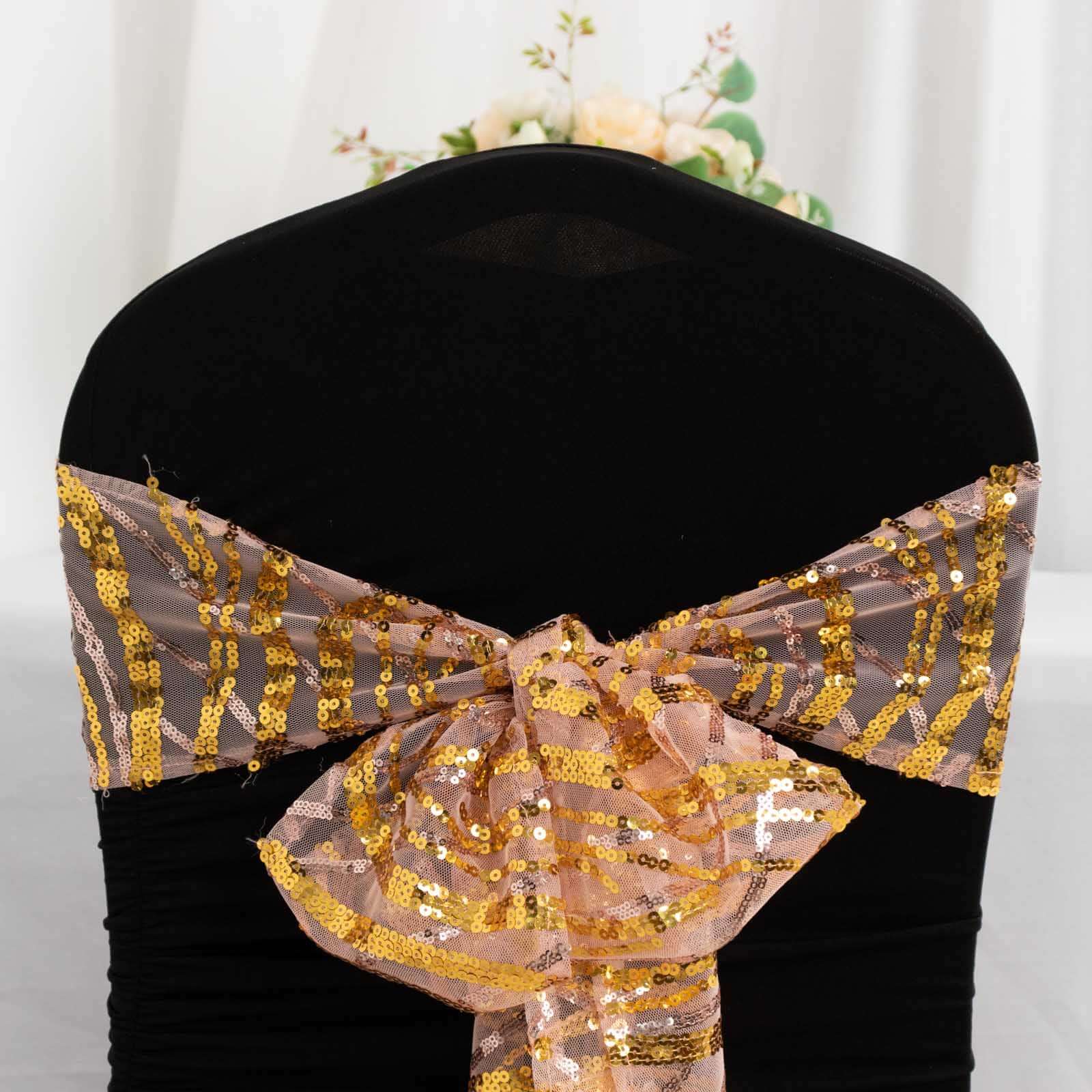 5 Pack Mesh Chair Sashes Rose Gold/Gold Wave 6"x88" with Embroidered Sequins - Refined Decorative Design - Image 10