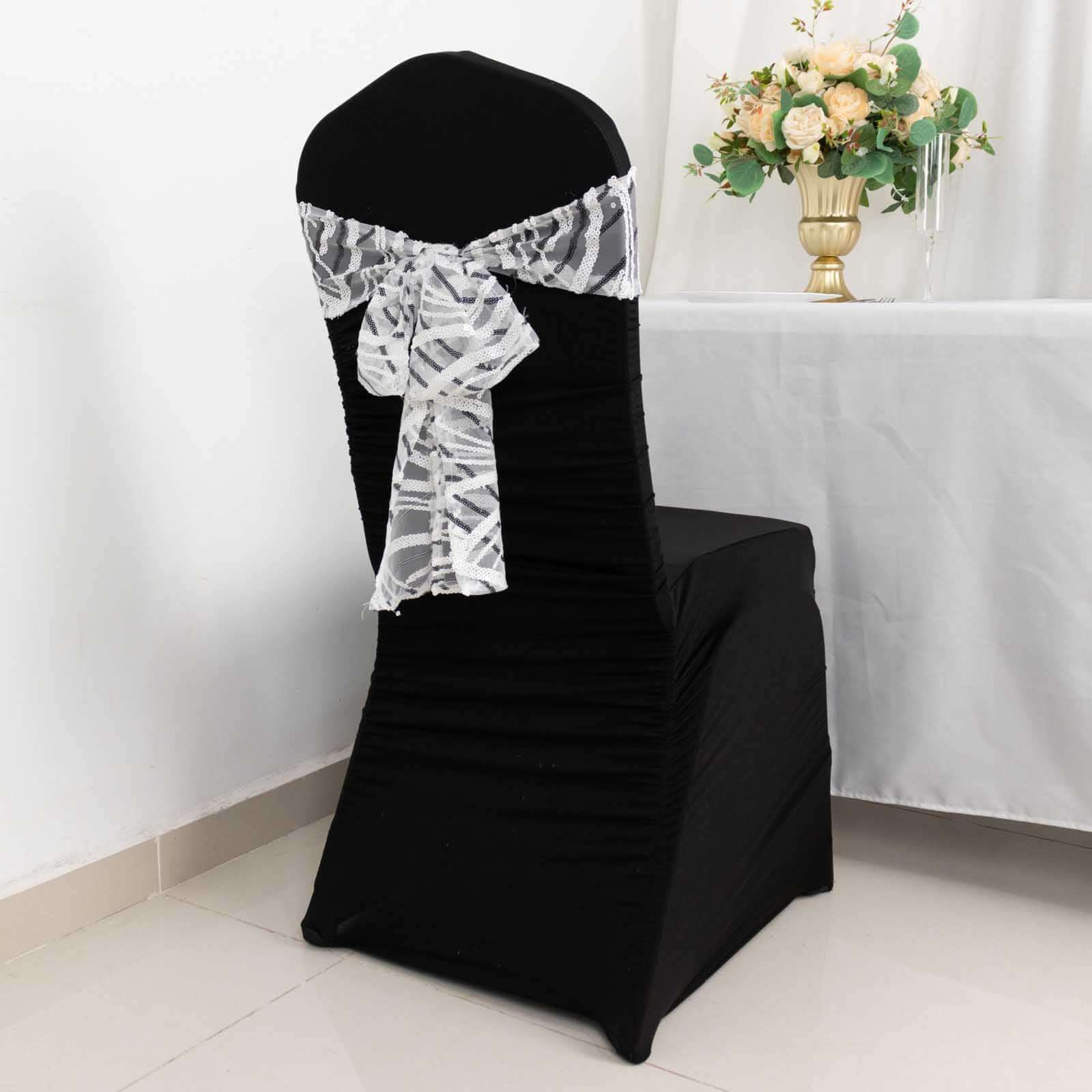 5 Pack Mesh Chair Sashes White/Black Wave 6"x88" with Embroidered Sequins - Refined Decorative Design - Image 10