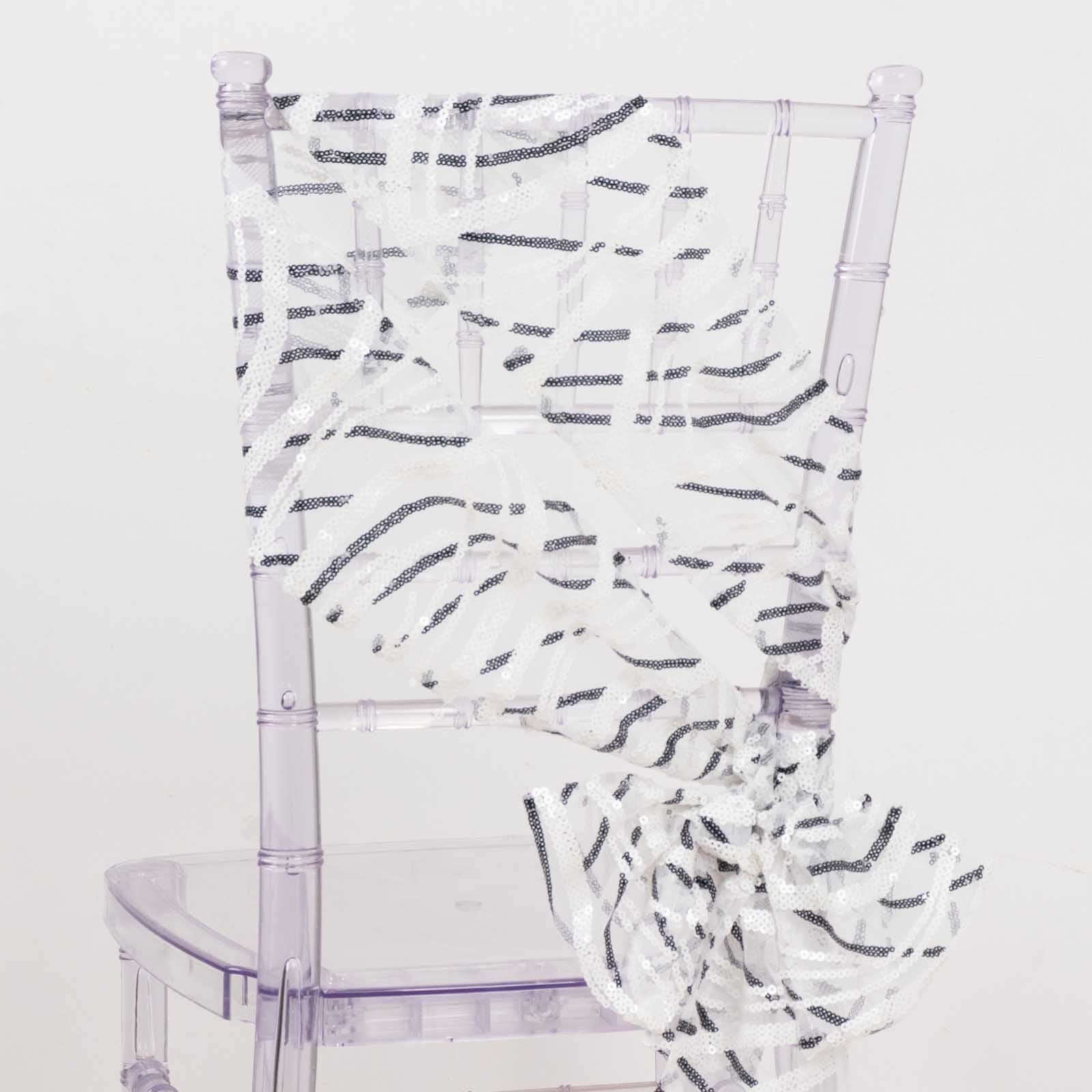 5 Pack Mesh Chair Sashes White/Black Wave 6"x88" with Embroidered Sequins - Refined Decorative Design - Image 11