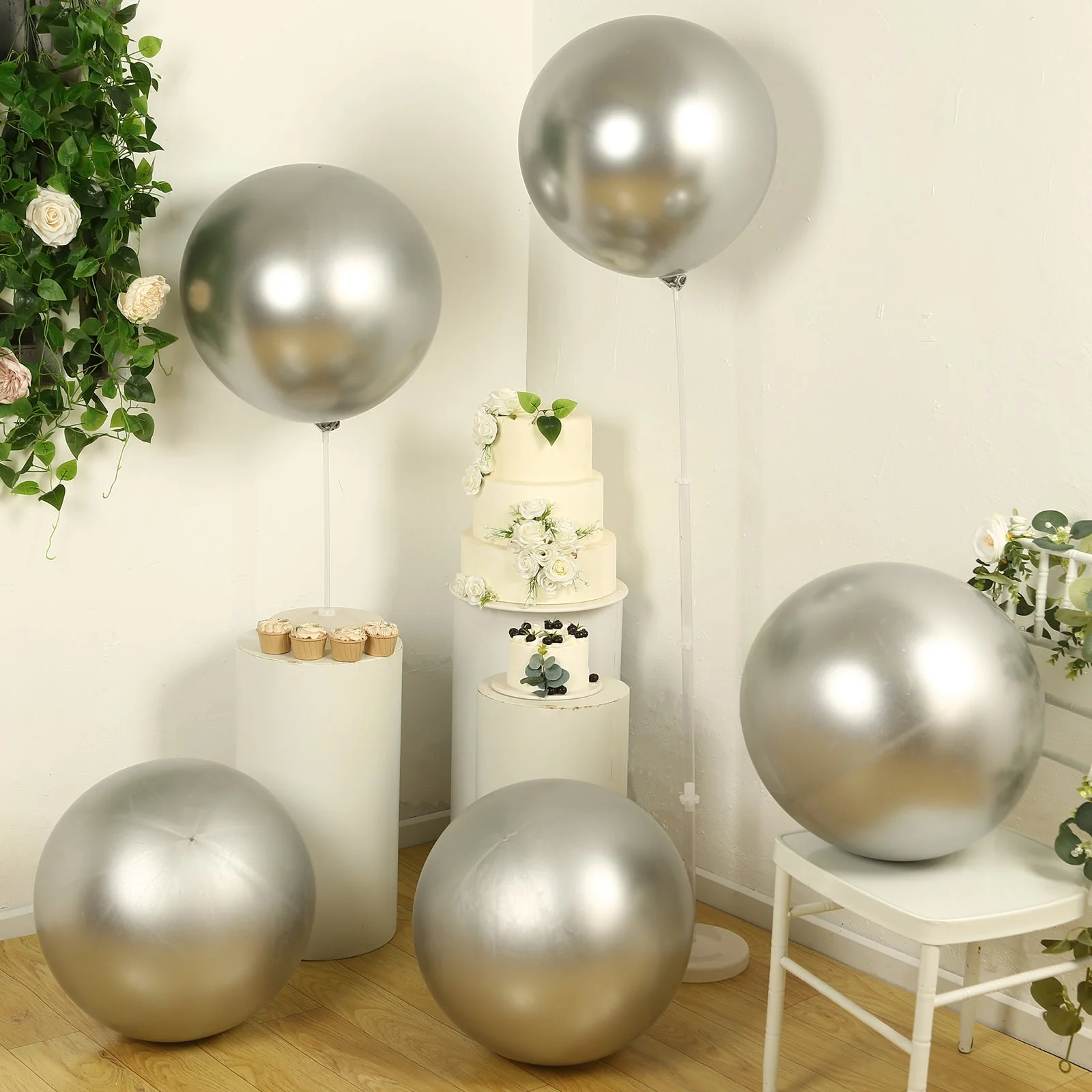 5 Pack Metallic Chrome Silver Biodegradable Balloons, Large Round Eco-friendly Thickened Latex Party Balloons - 36" - Image 4