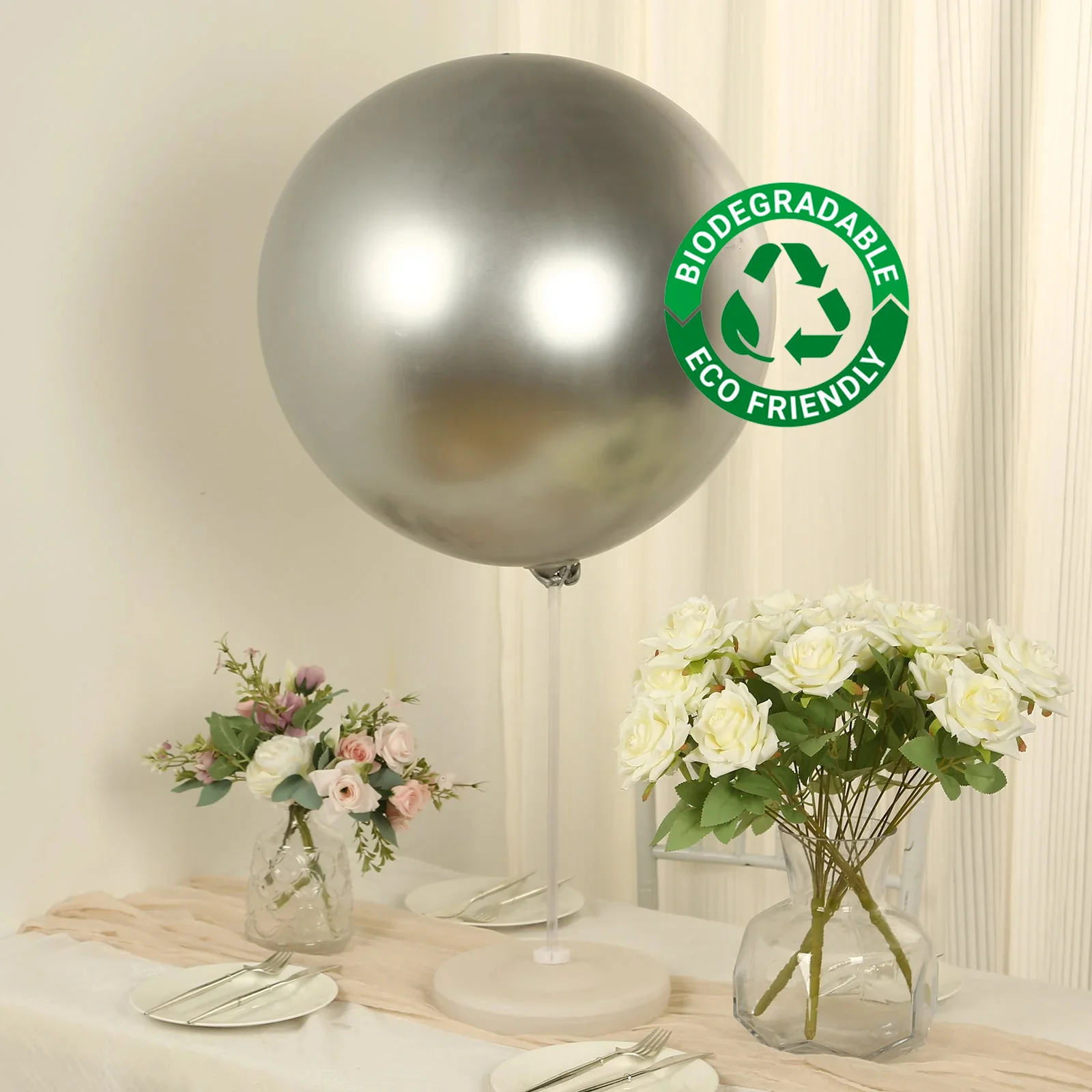 5 Pack Metallic Chrome Silver Biodegradable Balloons, Large Round Eco-friendly Thickened Latex Party Balloons - 36" - Image 7