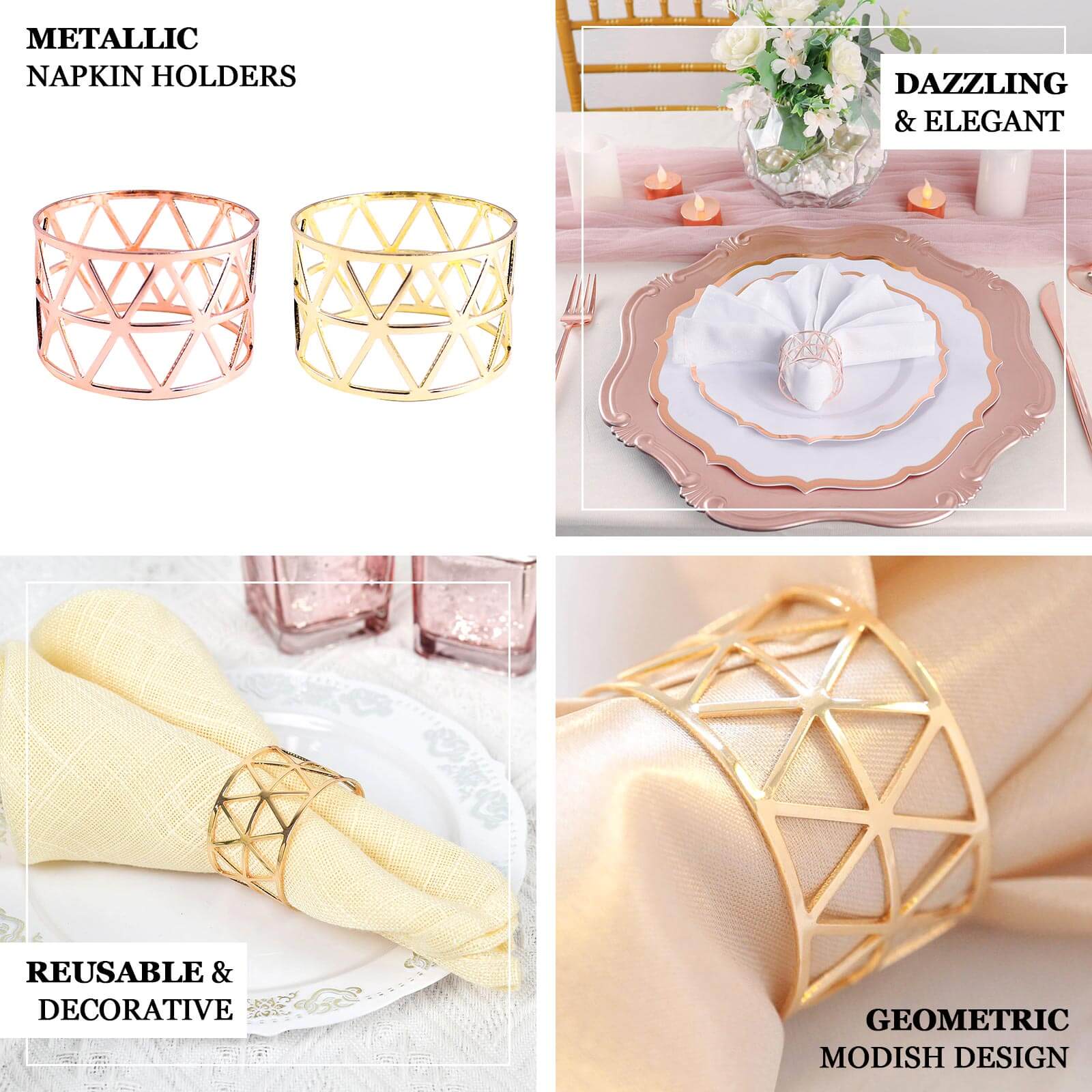 5 Pack Metallic Gold Geometric Napkin Rings, Paper Napkin Holders - Image 4