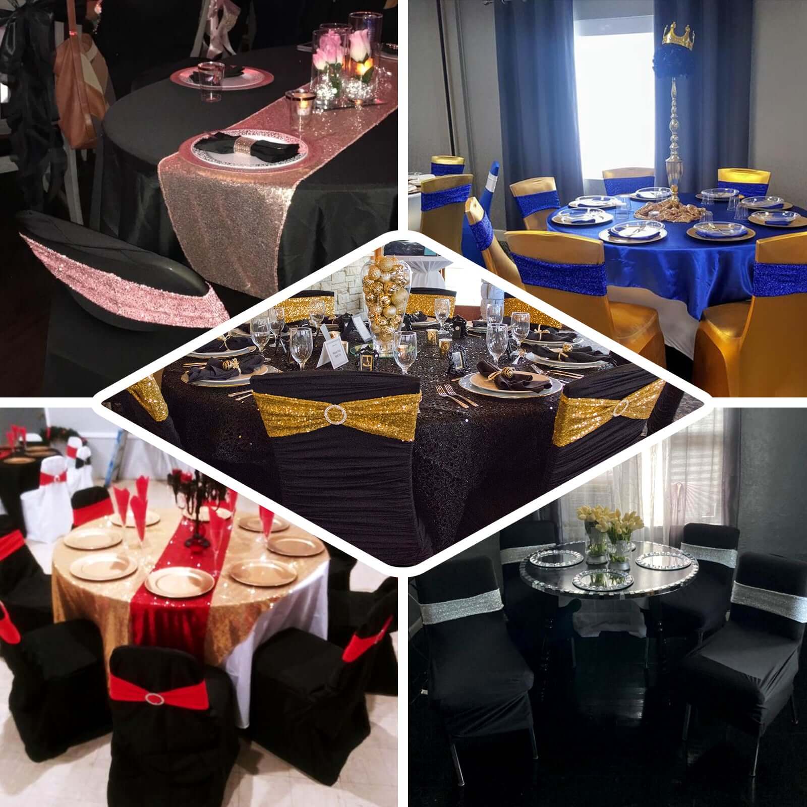 5 Pack Metallic Shimmer Tinsel Spandex Chair Sashes Black - Glittery Finish Stretch Chair Bands for Parties & Weddings - Image 2