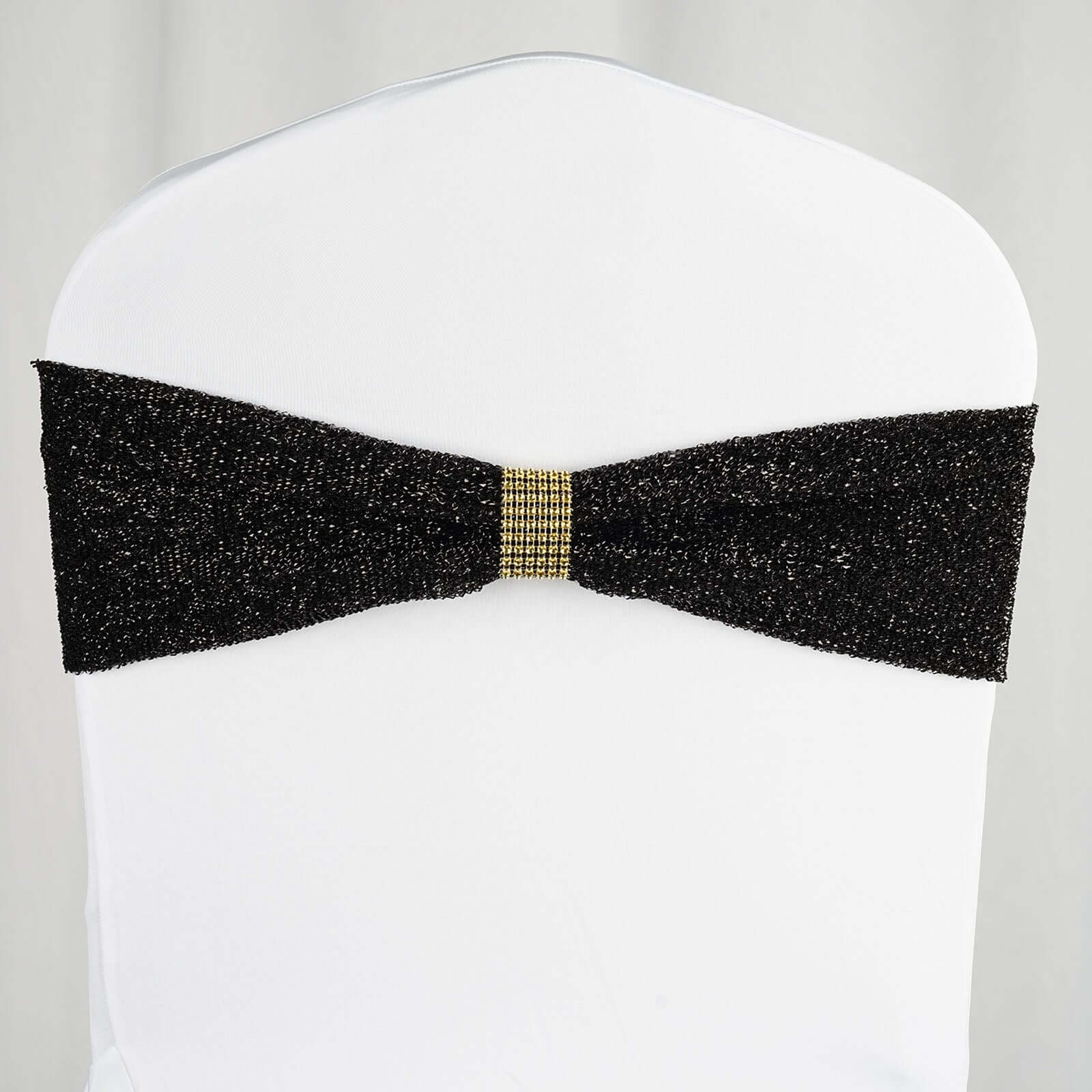 5 Pack Metallic Shimmer Tinsel Spandex Chair Sashes Black - Glittery Finish Stretch Chair Bands for Parties & Weddings - Image 6