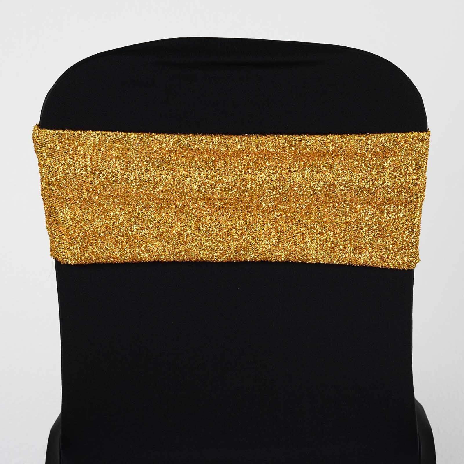 5 Pack Metallic Shimmer Tinsel Spandex Chair Sashes Gold - Glittery Finish Stretch Chair Bands for Parties & Weddings - Image 8