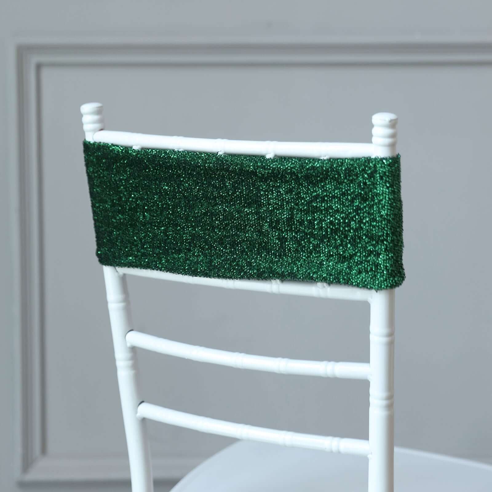 5 Pack Metallic Shimmer Tinsel Spandex Chair Sashes Hunter Emerald Green - Glittery Finish Stretch Chair Bands - Image 7