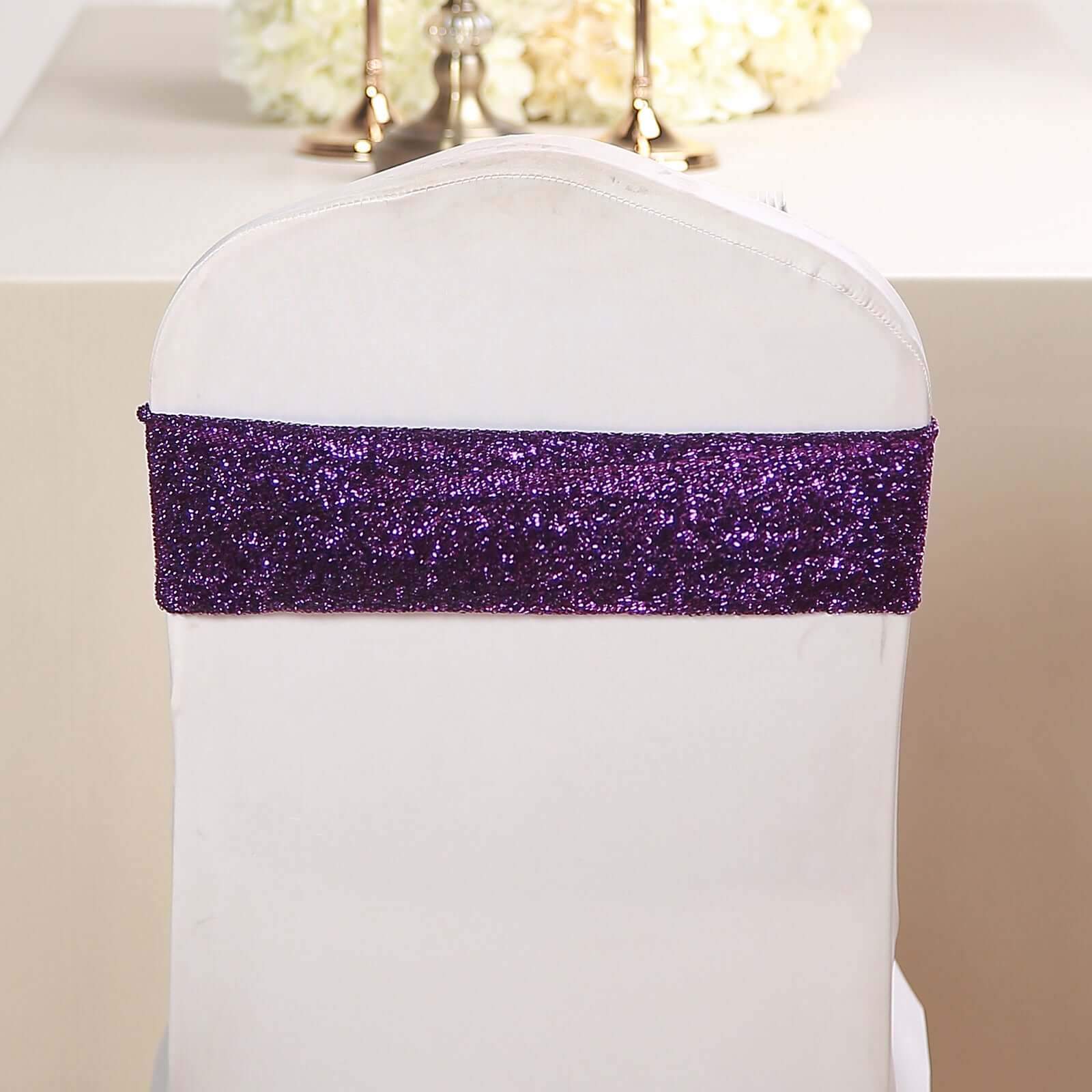 5 Pack Metallic Shimmer Tinsel Spandex Chair Sashes Purple - Glittery Finish Stretch Chair Bands - Image 11