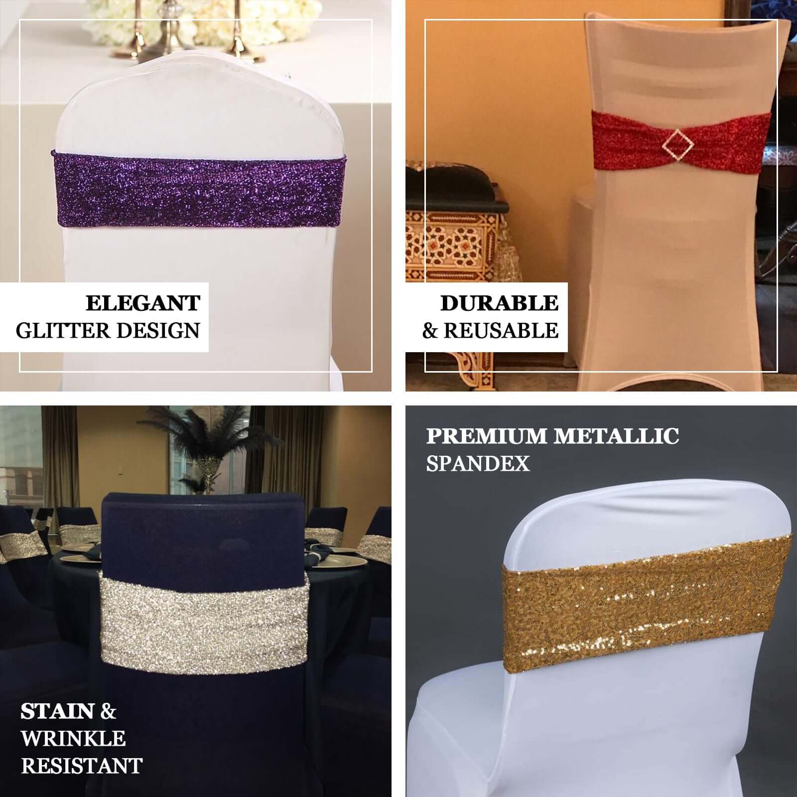 5 Pack Metallic Shimmer Tinsel Spandex Chair Sashes Purple - Glittery Finish Stretch Chair Bands - Image 5