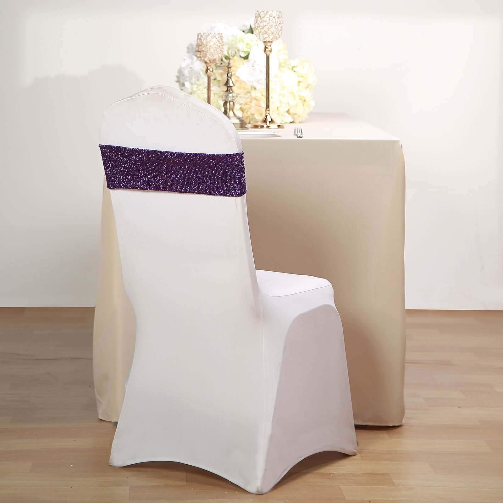 5 Pack Metallic Shimmer Tinsel Spandex Chair Sashes Purple - Glittery Finish Stretch Chair Bands - Image 6