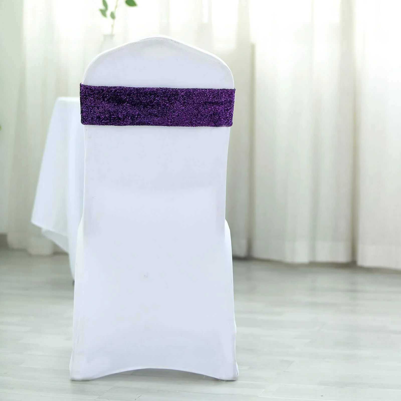 5 Pack Metallic Shimmer Tinsel Spandex Chair Sashes Purple - Glittery Finish Stretch Chair Bands - Image 7