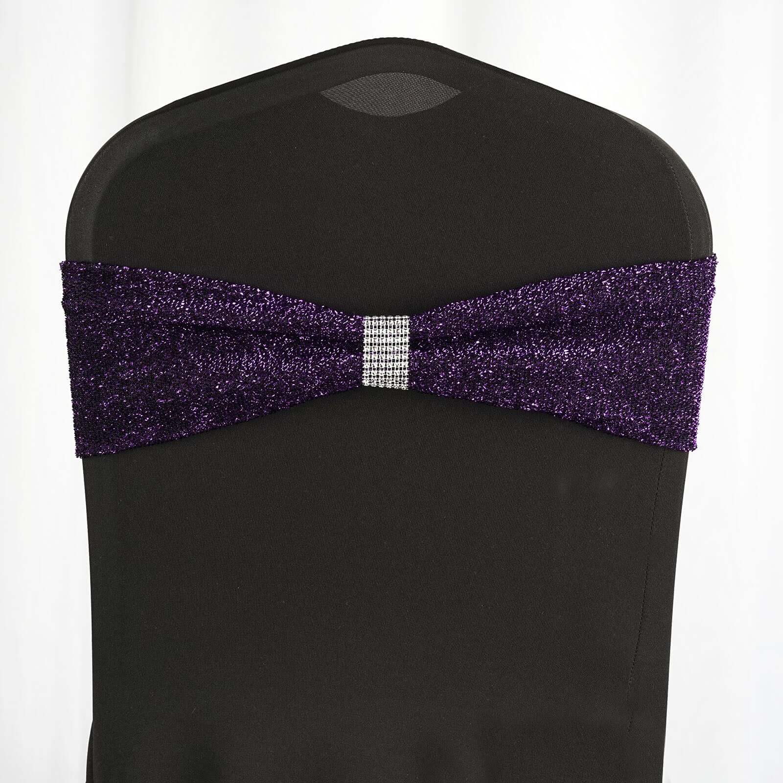 5 Pack Metallic Shimmer Tinsel Spandex Chair Sashes Purple - Glittery Finish Stretch Chair Bands - Image 8