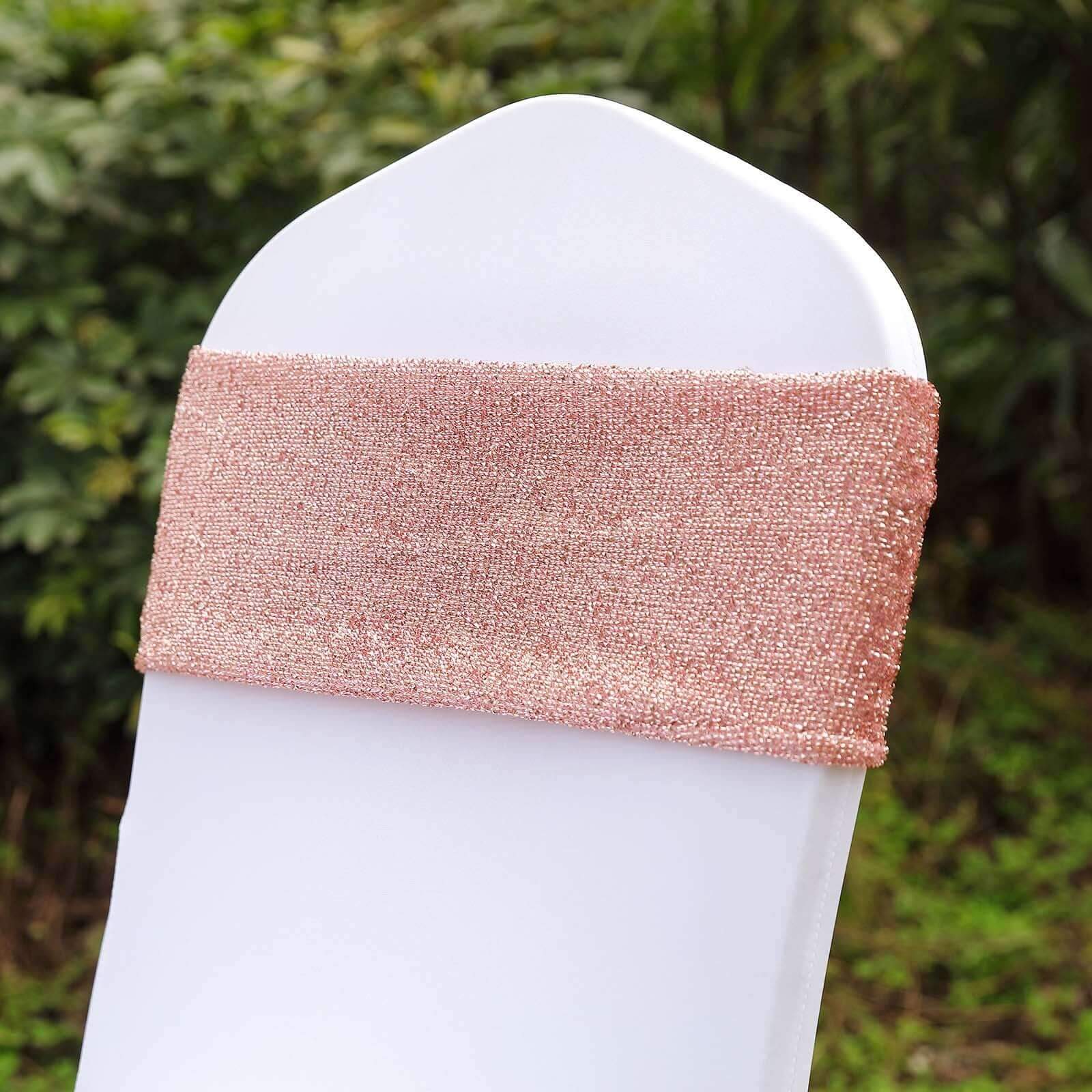 5 Pack Metallic Shimmer Tinsel Spandex Chair Sashes Rose Gold - Glittery Finish Stretch Chair Bands - Image 9
