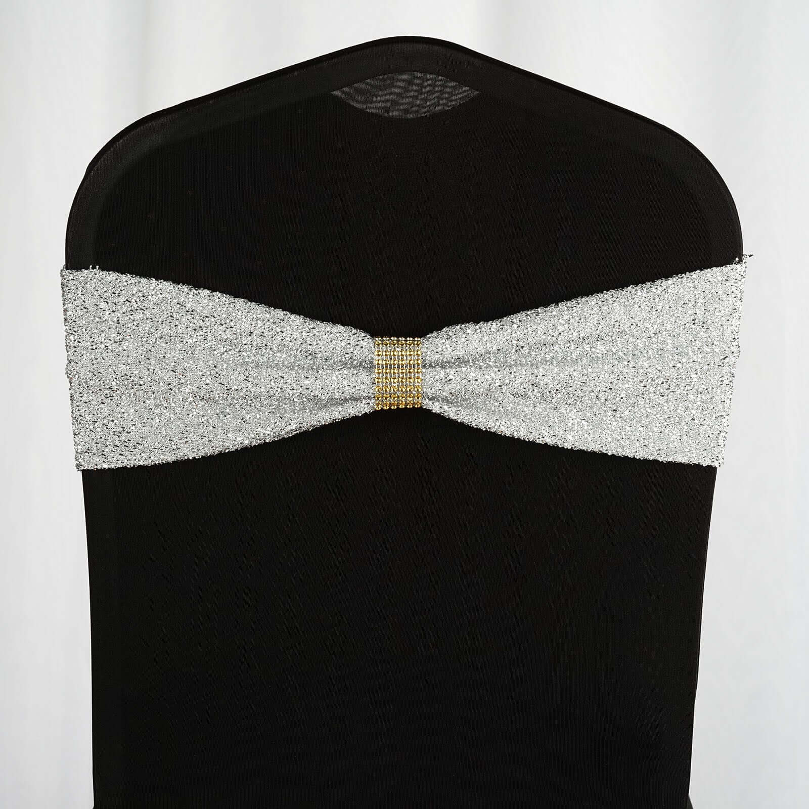 5 Pack Metallic Shimmer Tinsel Spandex Chair Sashes Silver - Glittery Finish Stretch Chair Bands - Image 6