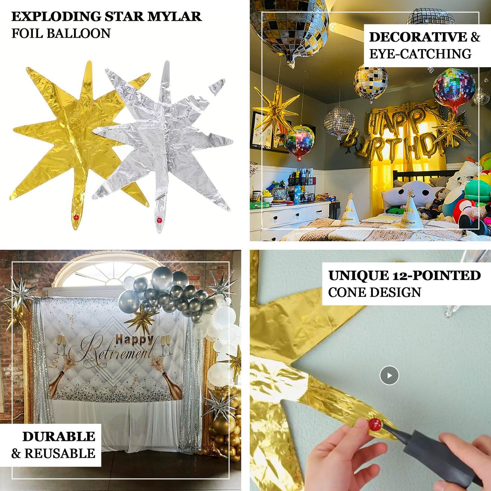 5 Pack Metallic Silver 14-Point Star Explosion Foil Balloons, Fireworks Starburst Shaped Mylar Party Balloons 22" - Image 4