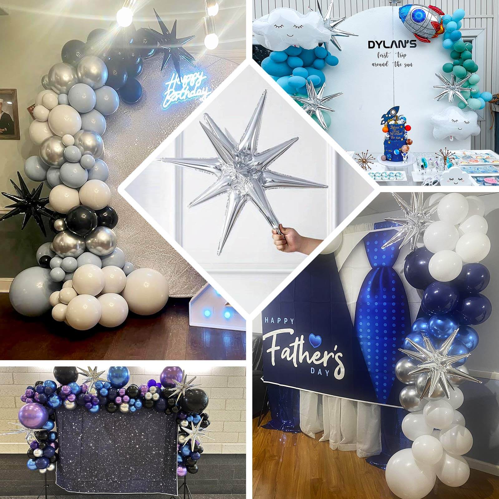 5 Pack Metallic Silver 14-Point Star Explosion Foil Balloons, Fireworks Starburst Shaped Mylar Party Balloons 22" - Image 5