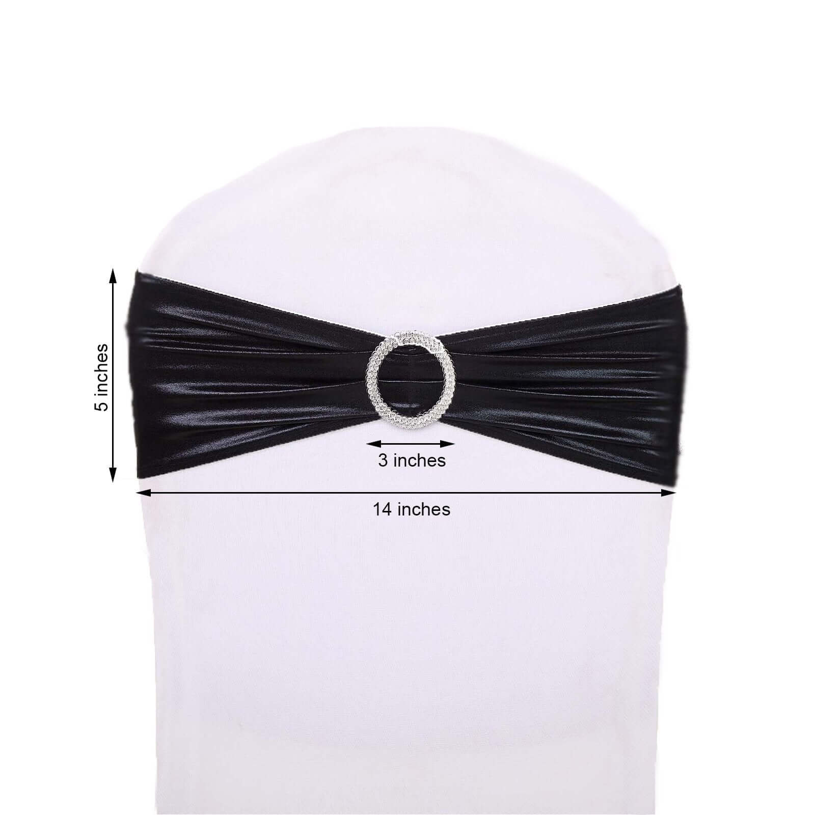5 Pack Metallic Spandex Chair Sashes Black - Durable Stretch Chair Bands With Round Diamond Buckles for Upscale Gatherings - Image 3