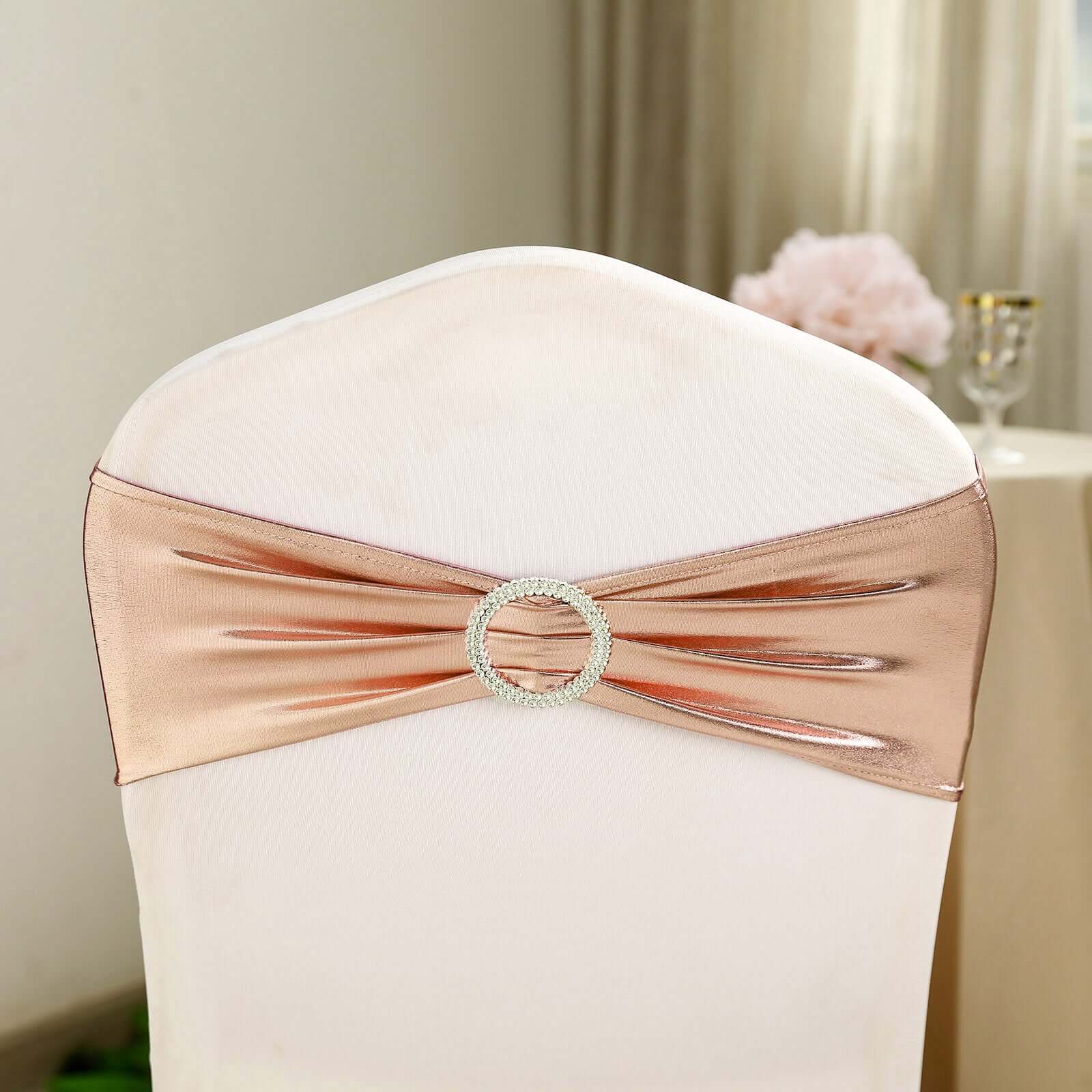 5 Pack Metallic Spandex Chair Sashes Blush - Durable Stretch Chair Bands With Round Diamond Buckles