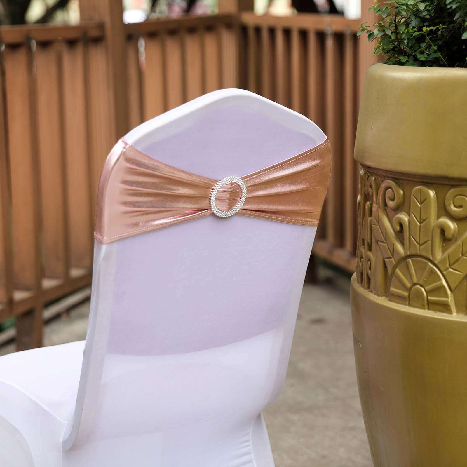 5 Pack Metallic Spandex Chair Sashes Blush - Durable Stretch Chair Bands With Round Diamond Buckles - Image 10