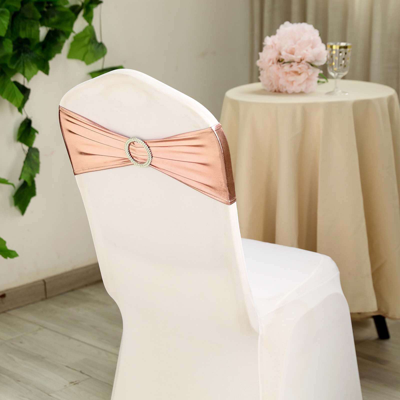5 Pack Metallic Spandex Chair Sashes Blush - Durable Stretch Chair Bands With Round Diamond Buckles - Image 11