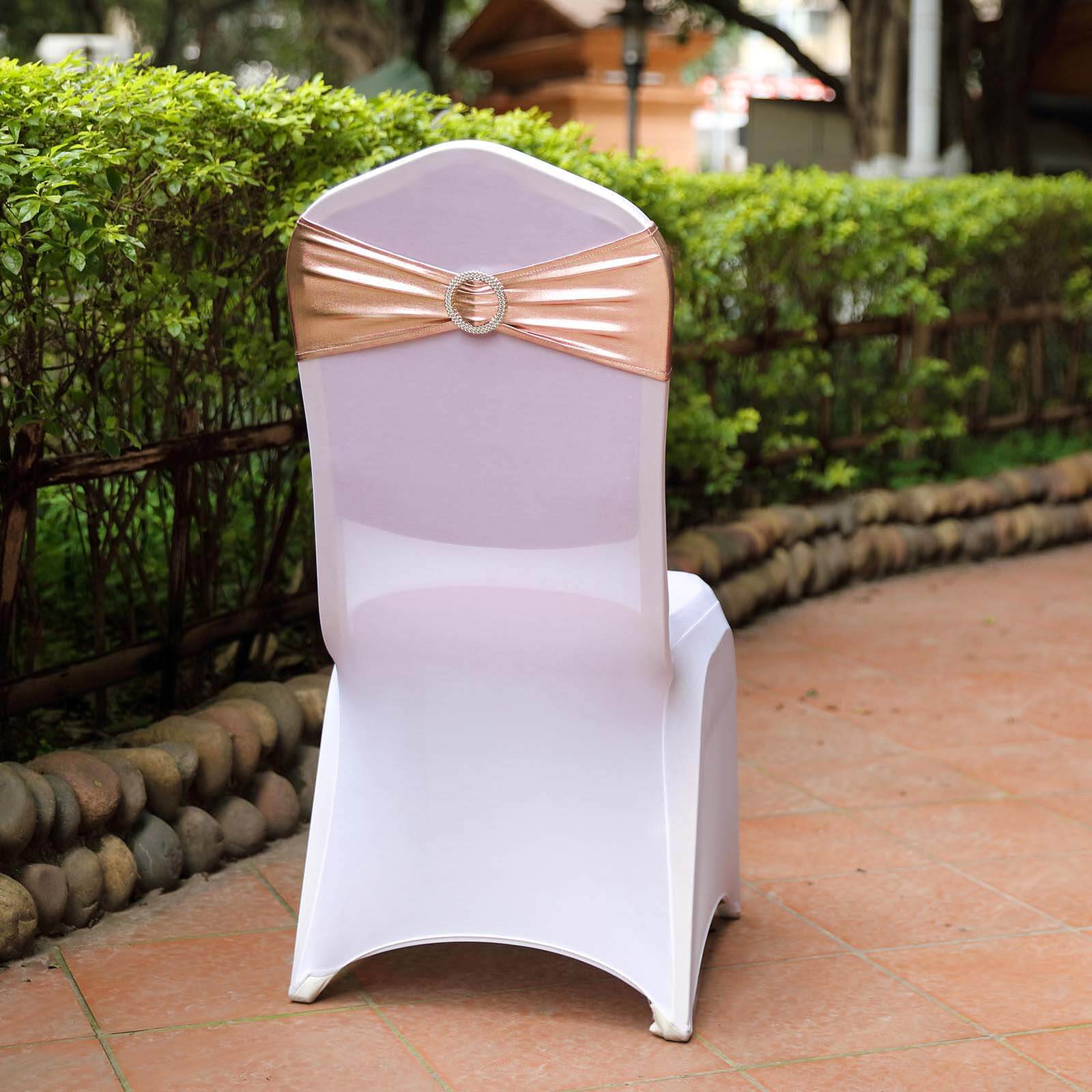5 Pack Metallic Spandex Chair Sashes Blush - Durable Stretch Chair Bands With Round Diamond Buckles - Image 8