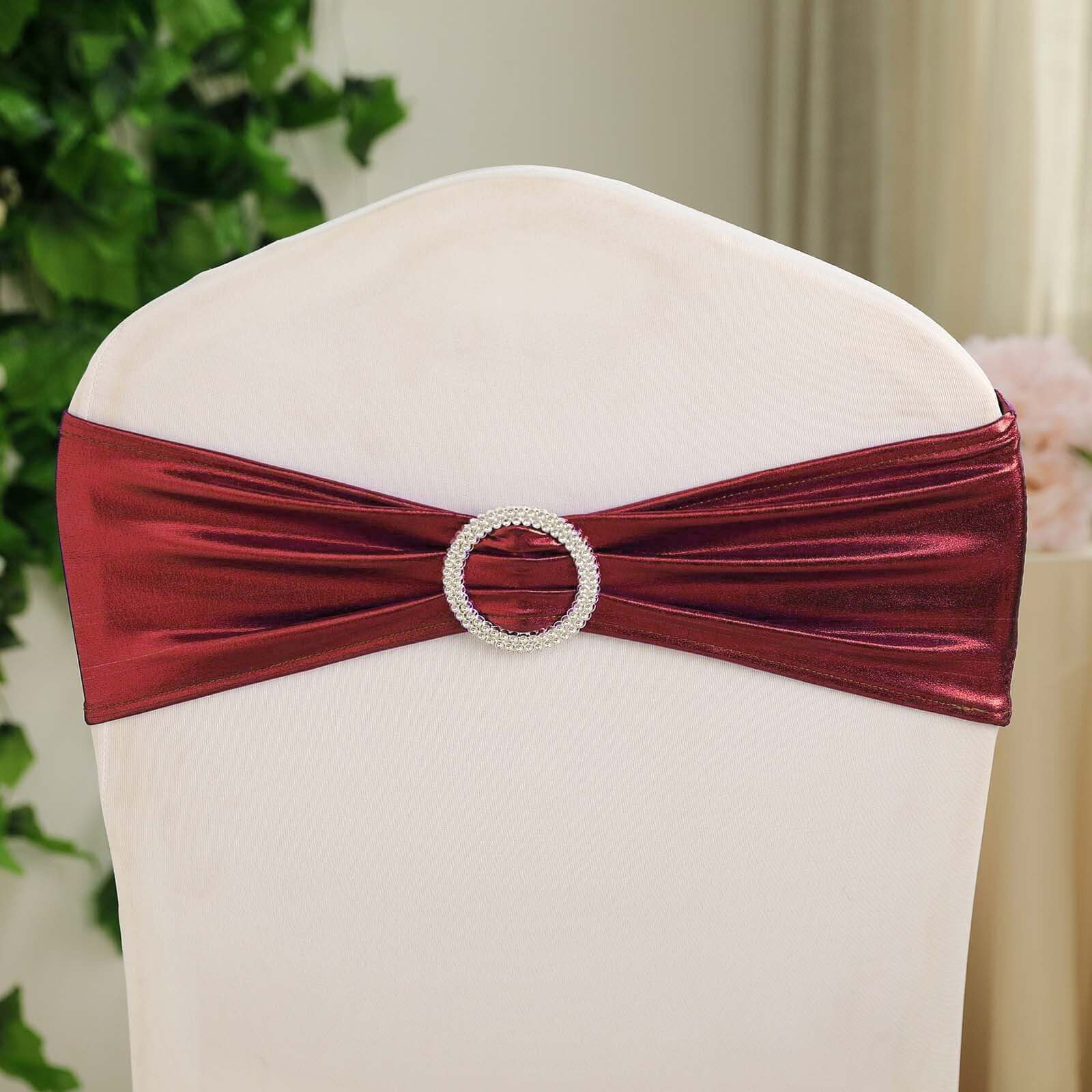 5 Pack Metallic Spandex Chair Sashes Burgundy - Durable Stretch Chair Bands With Round Diamond Buckles