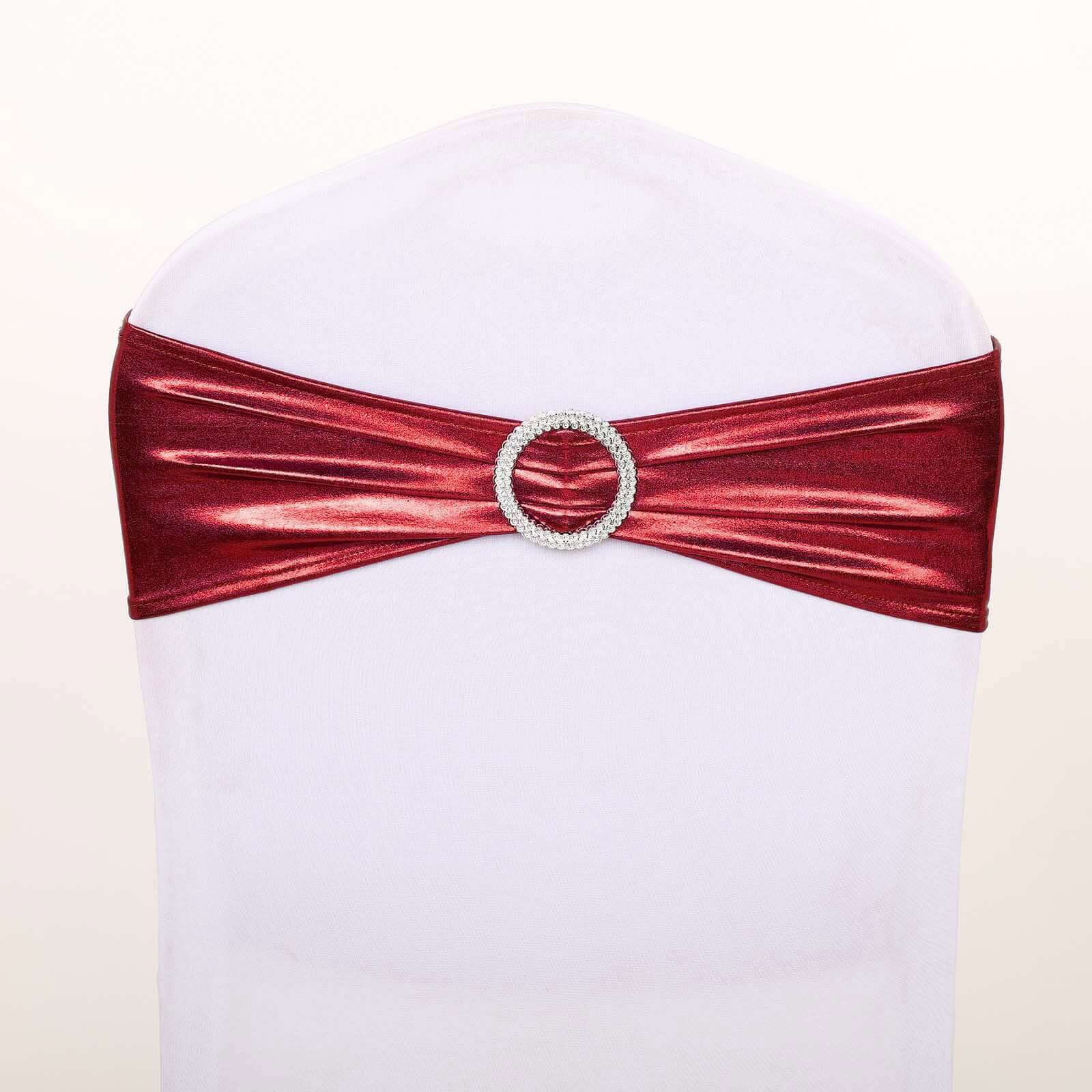5 Pack Metallic Spandex Chair Sashes Burgundy - Durable Stretch Chair Bands With Round Diamond Buckles - Image 14