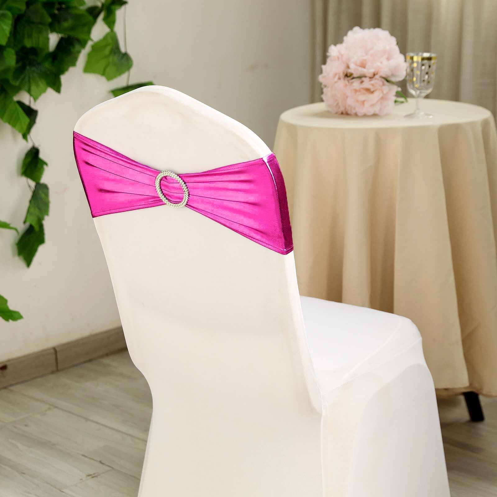 5 Pack Metallic Spandex Chair Sashes Fuchsia - Durable Stretch Chair Bands With Round Diamond Buckles - Image 11