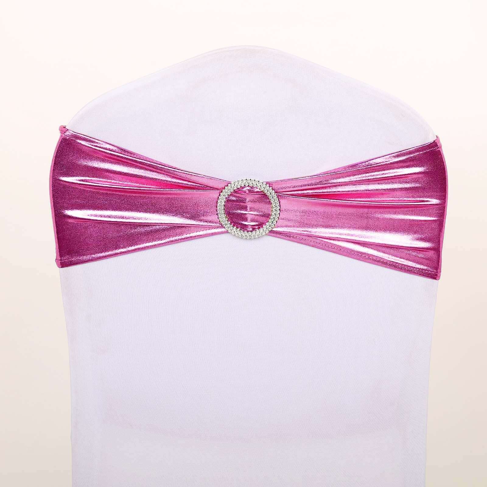 5 Pack Metallic Spandex Chair Sashes Fuchsia - Durable Stretch Chair Bands With Round Diamond Buckles - Image 13