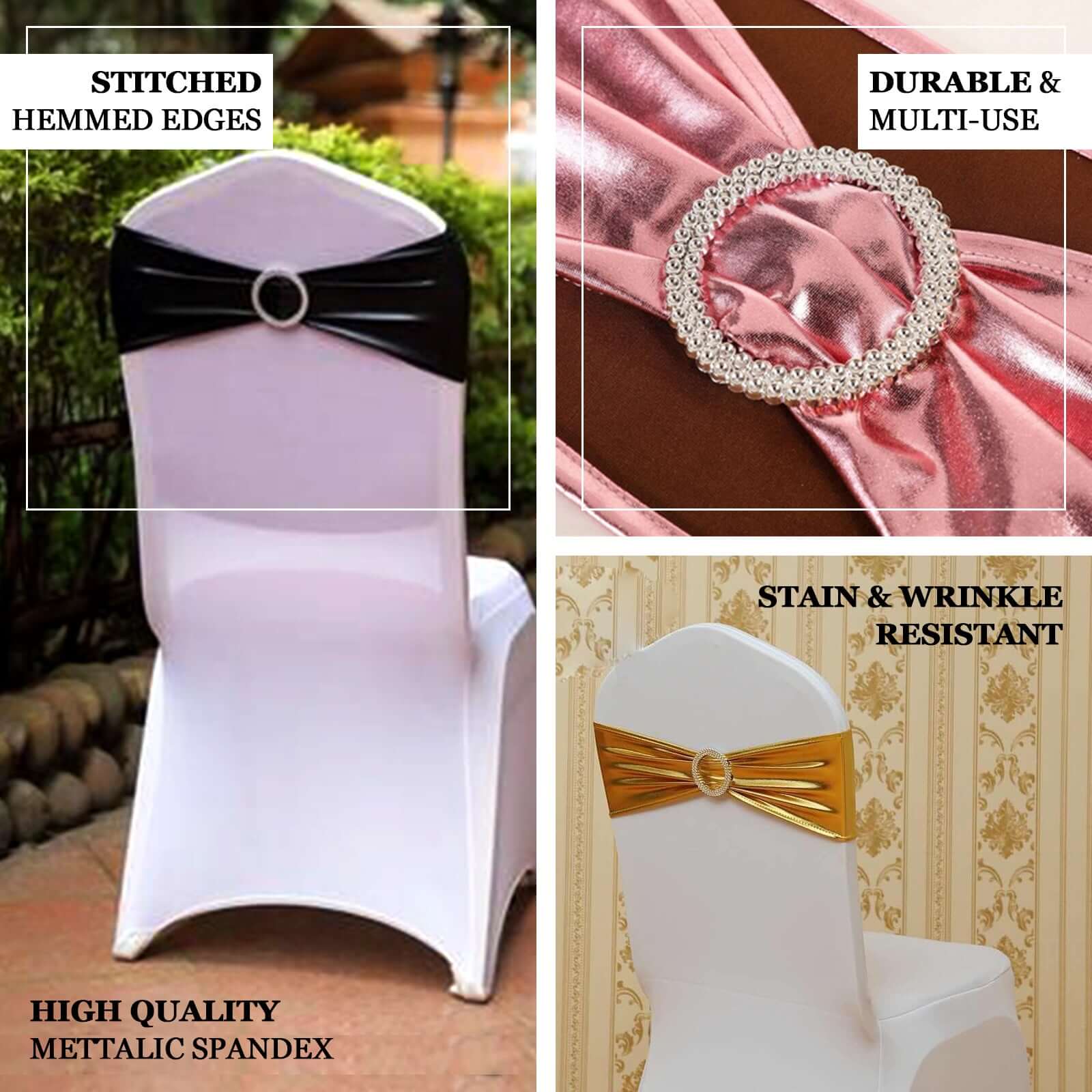 5 Pack Metallic Spandex Chair Sashes Fuchsia - Durable Stretch Chair Bands With Round Diamond Buckles - Image 4