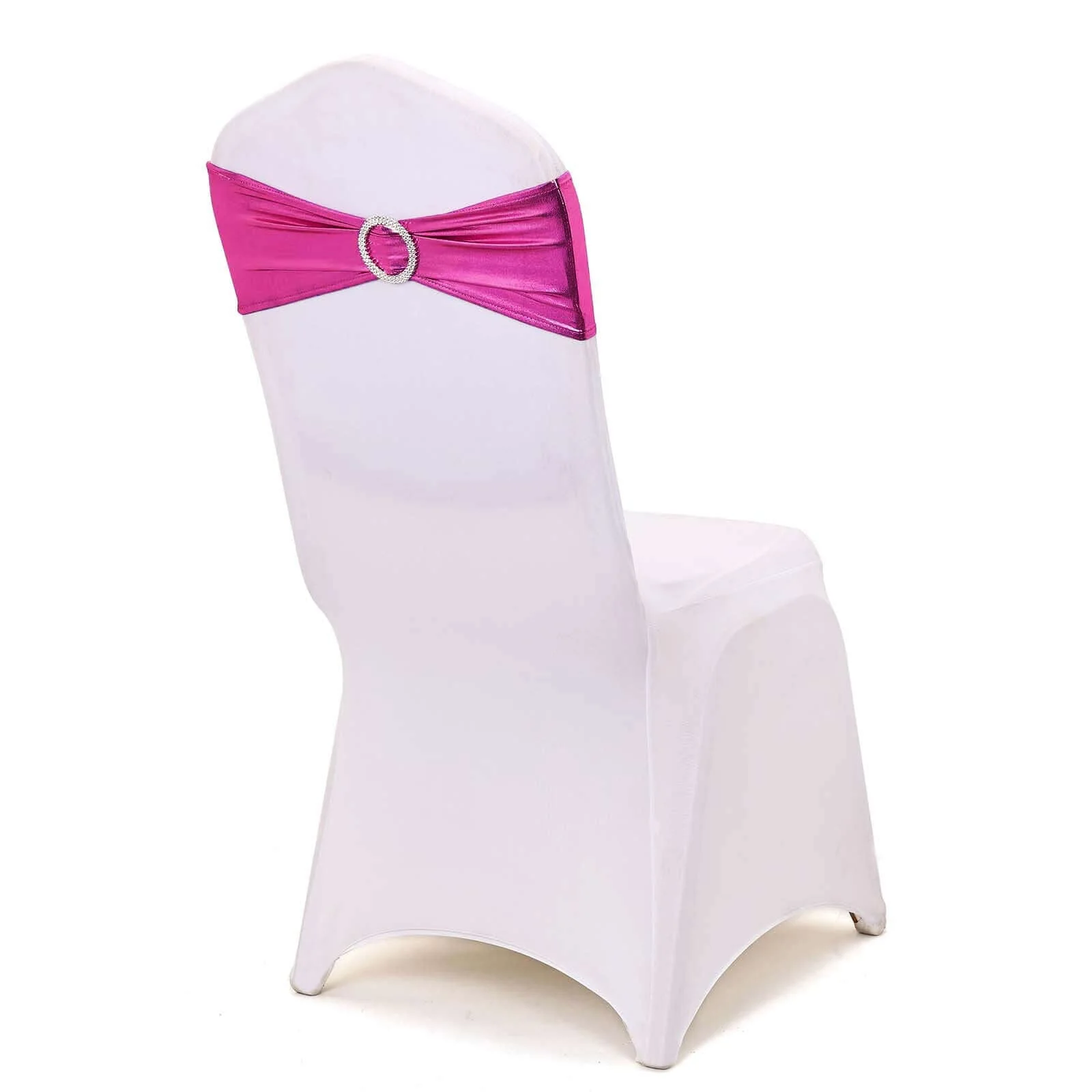 5 Pack Metallic Spandex Chair Sashes Fuchsia - Durable Stretch Chair Bands With Round Diamond Buckles - Image 7