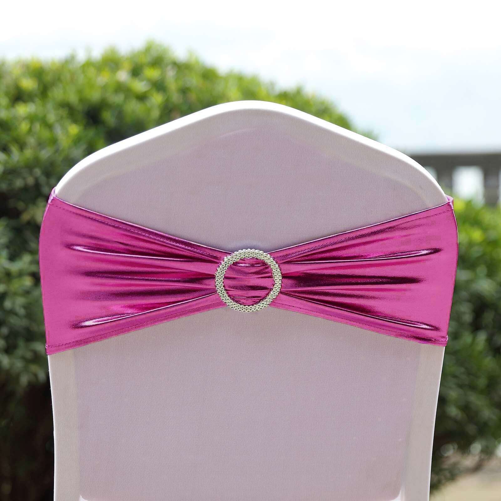 5 Pack Metallic Spandex Chair Sashes Fuchsia - Durable Stretch Chair Bands With Round Diamond Buckles - Image 9