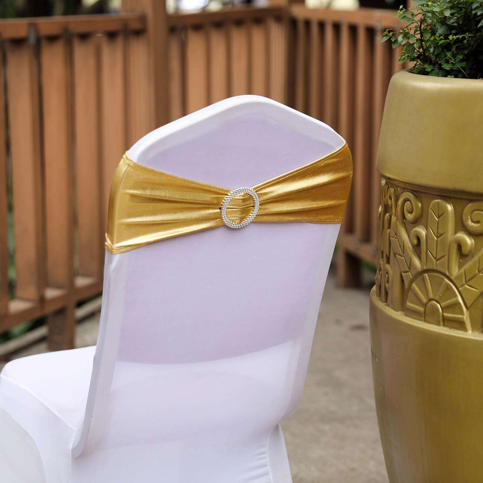 5 Pack Metallic Spandex Chair Sashes Gold - Durable Stretch Chair Bands With Round Diamond Buckles for Upscale Gatherings - Image 2