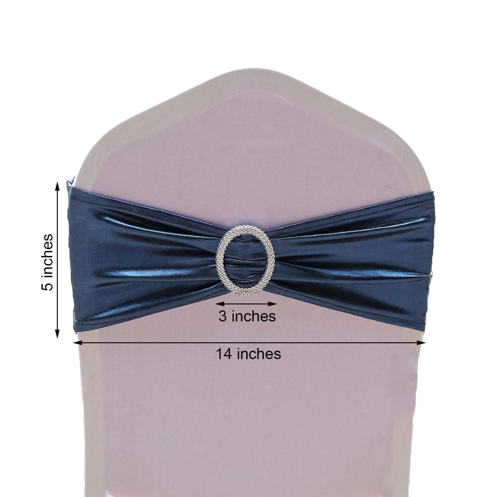 5 Pack Metallic Spandex Chair Sashes Navy Blue - Durable Stretch Chair Bands With Round Diamond Buckles - Image 3