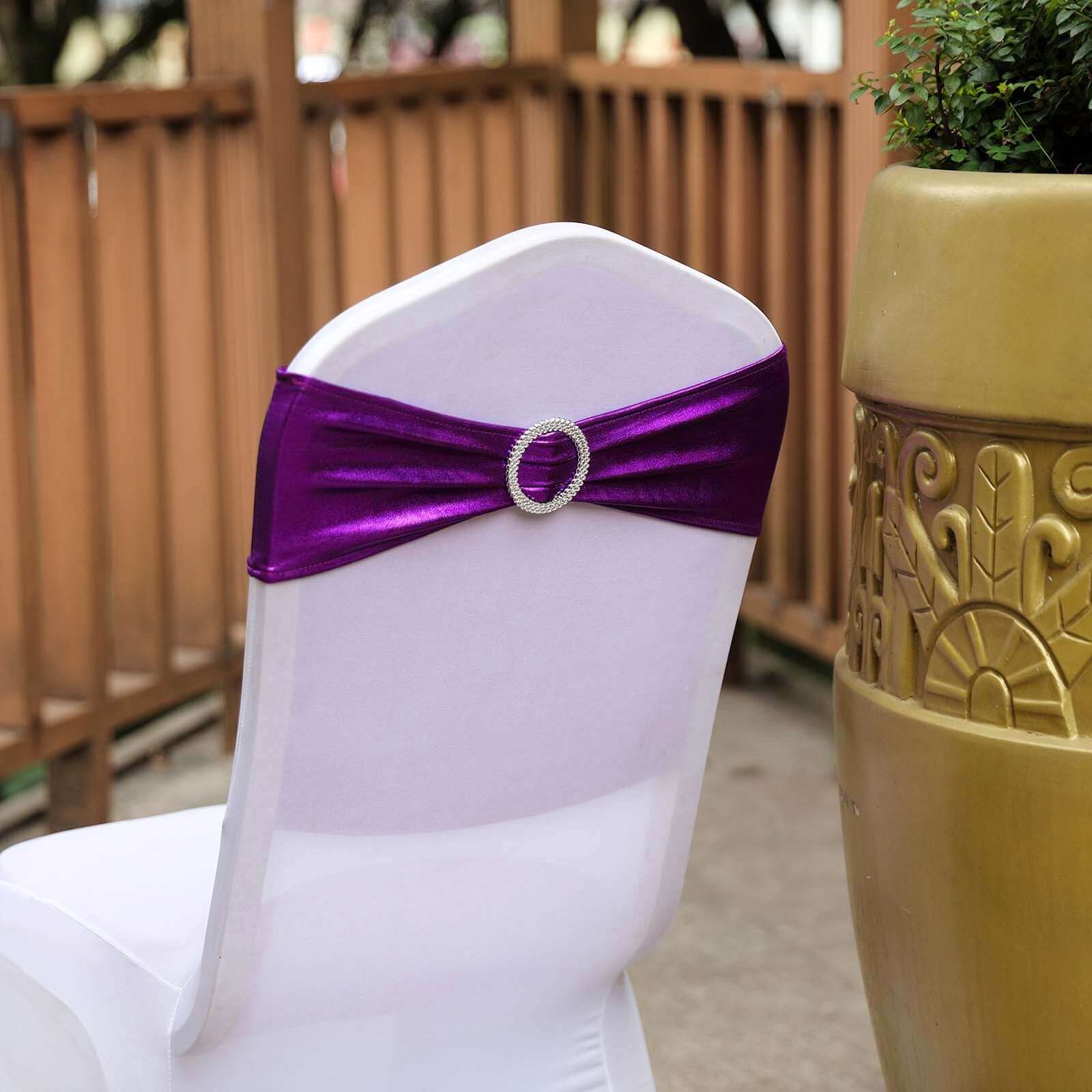 5 Pack Metallic Spandex Chair Sashes Purple - Durable Stretch Chair Bands With Round Diamond Buckles - Image 11