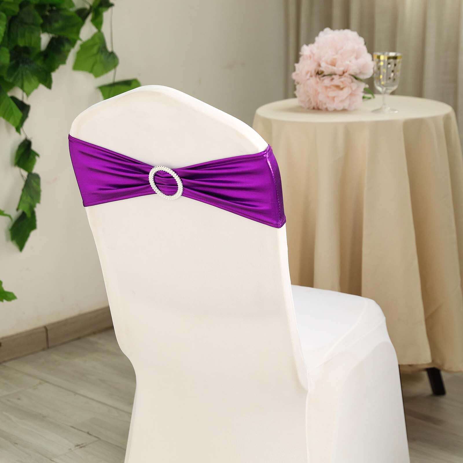 5 Pack Metallic Spandex Chair Sashes Purple - Durable Stretch Chair Bands With Round Diamond Buckles - Image 2