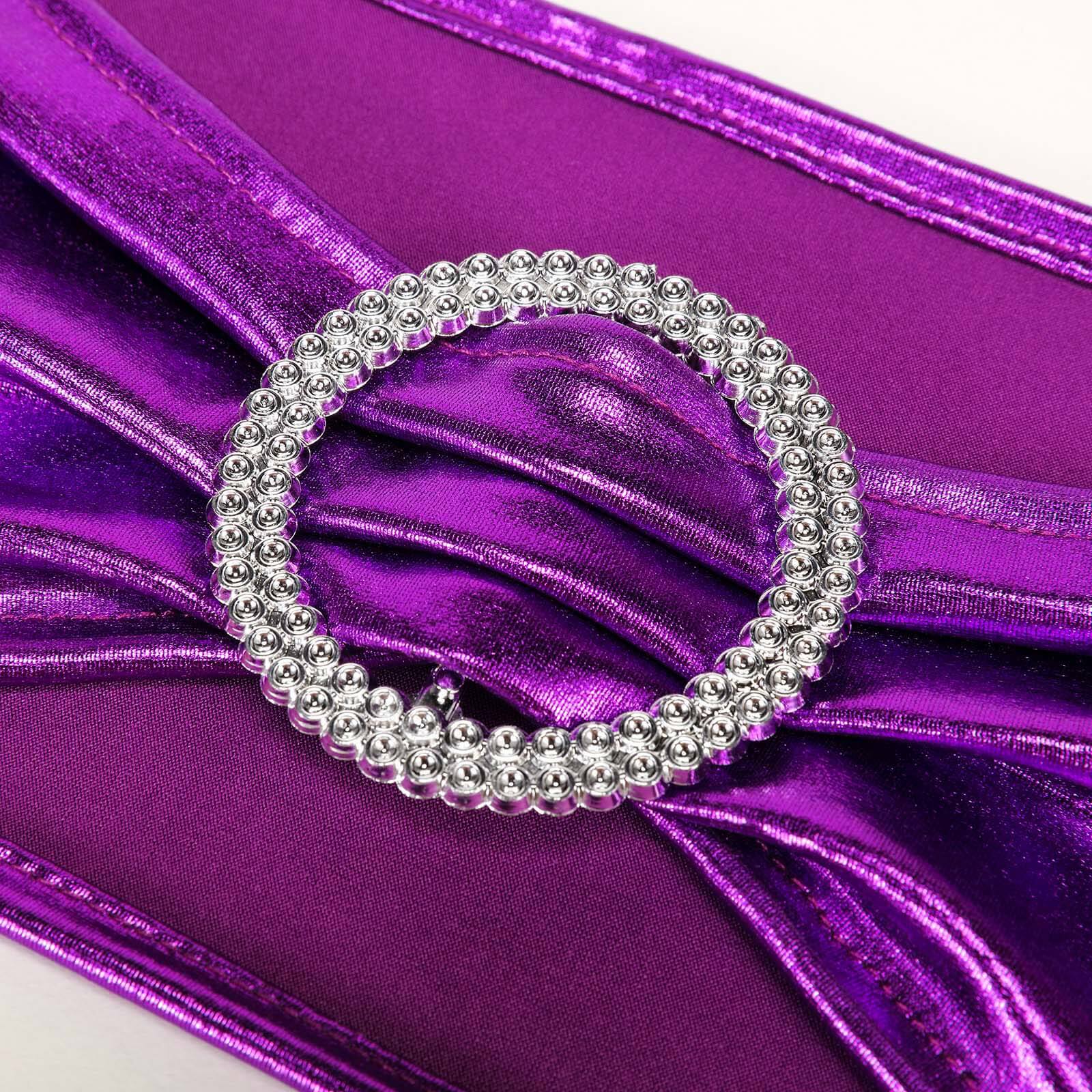 5 Pack Metallic Spandex Chair Sashes Purple - Durable Stretch Chair Bands With Round Diamond Buckles - Image 6
