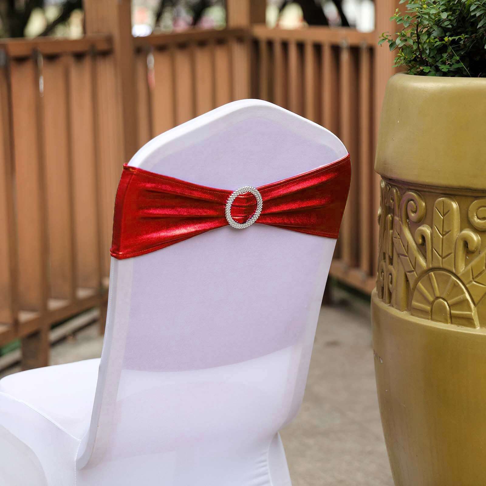 5 Pack Metallic Spandex Chair Sashes Red - Durable Stretch Chair Bands With Round Diamond Buckles - Image 10