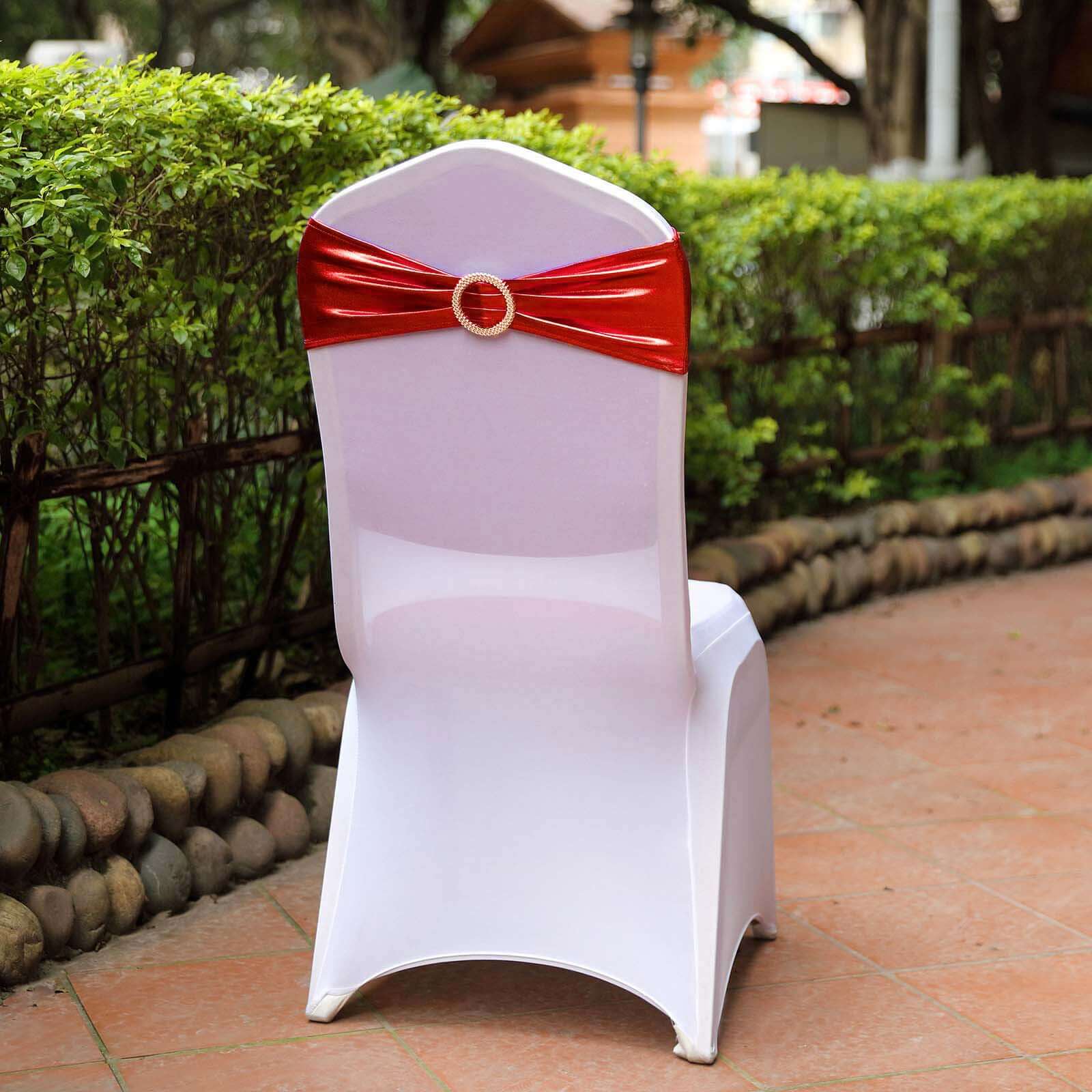 5 Pack Metallic Spandex Chair Sashes Red - Durable Stretch Chair Bands With Round Diamond Buckles - Image 2