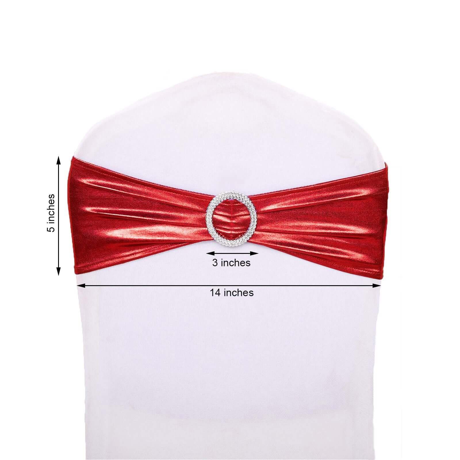 5 Pack Metallic Spandex Chair Sashes Red - Durable Stretch Chair Bands With Round Diamond Buckles - Image 3