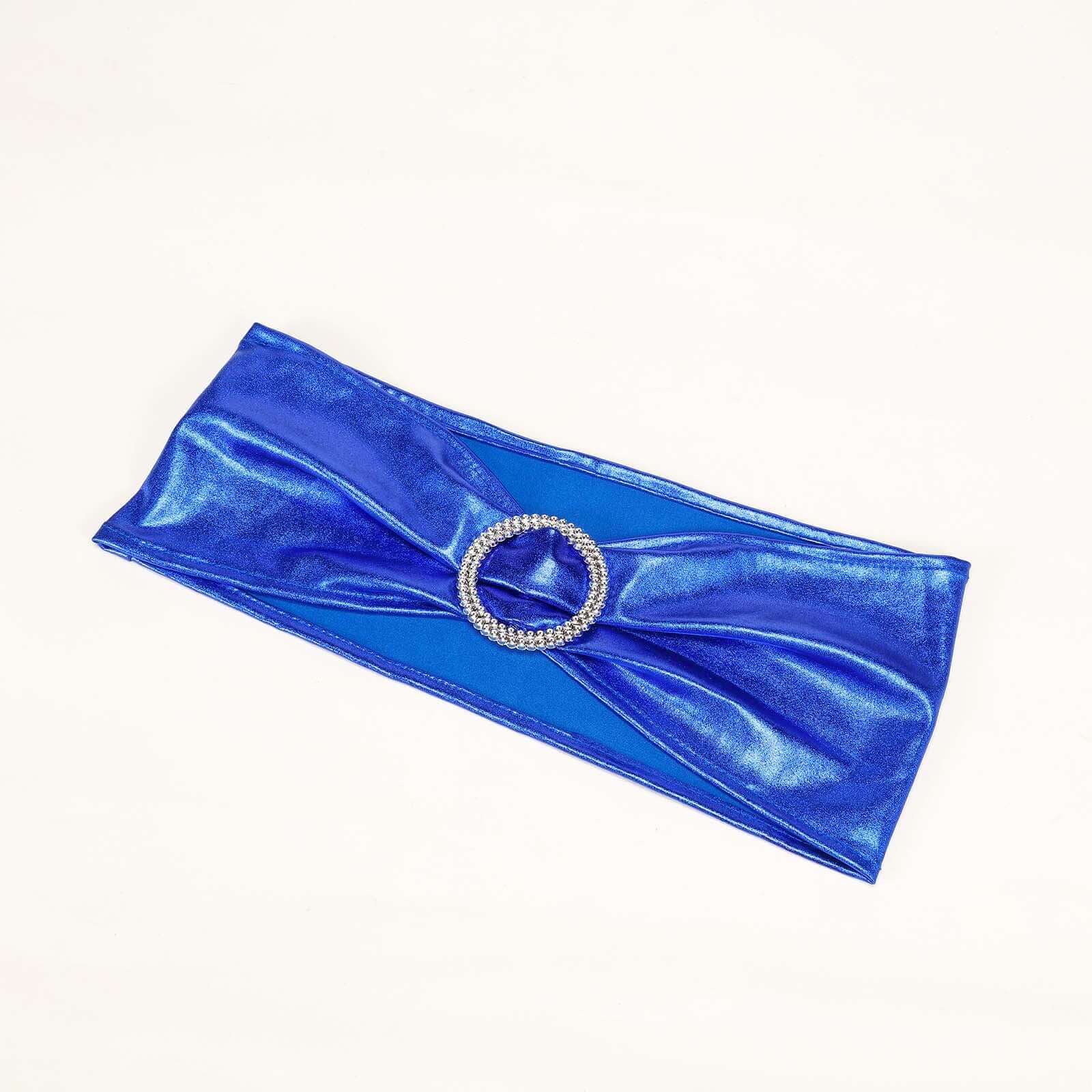 5 Pack Metallic Spandex Chair Sashes Royal Blue - Durable Stretch Chair Bands With Round Diamond Buckles - Image 15