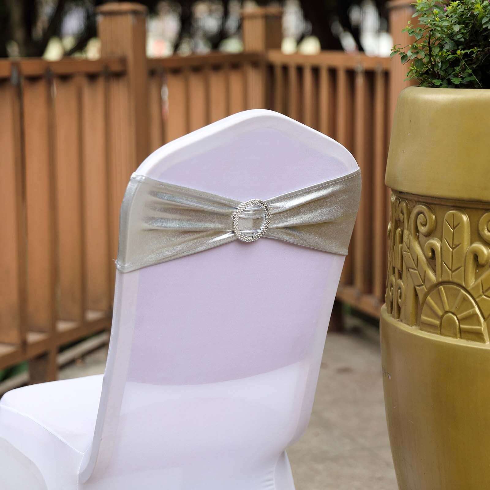 5 Pack Metallic Spandex Chair Sashes Silver - Durable Stretch Chair Bands With Round Diamond Buckles - Image 10