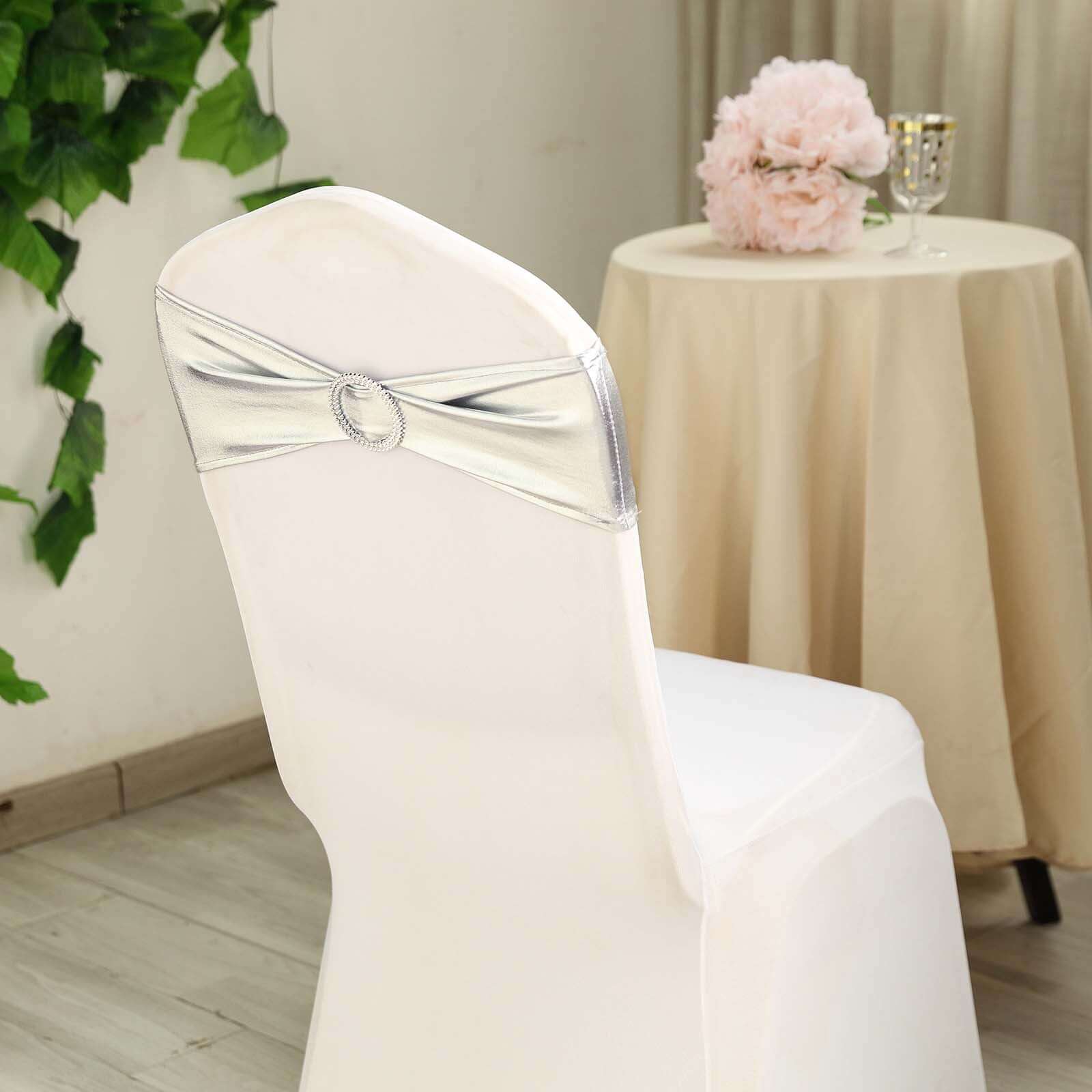 5 Pack Metallic Spandex Chair Sashes Silver - Durable Stretch Chair Bands With Round Diamond Buckles - Image 11